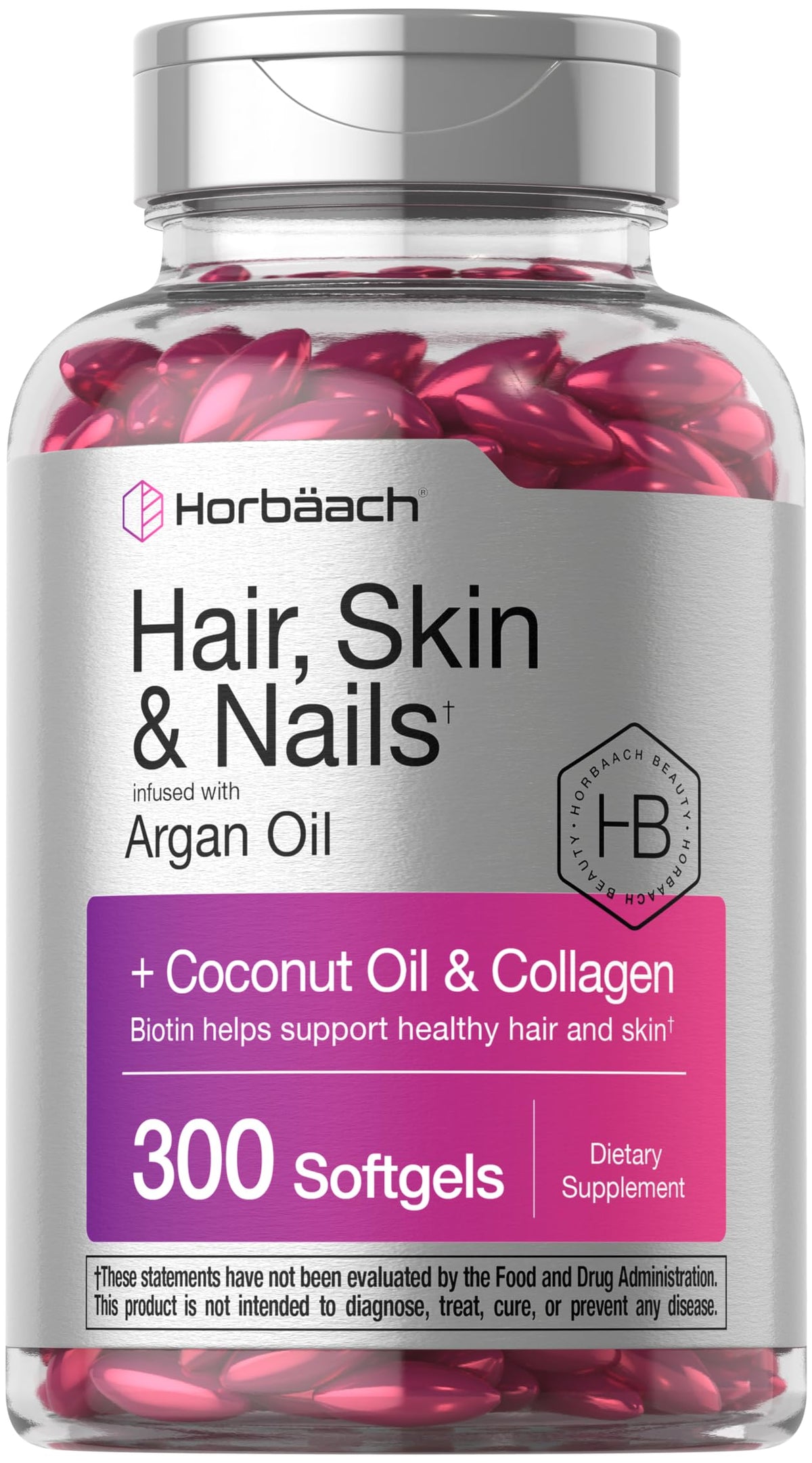 Horbäach Hair Skin Nails softgels with argan and coconut oil for a beauty-supporting routine