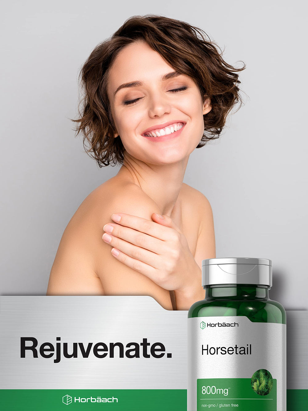 Horbäach Horsetail gluten-free non-GMO claim on packaging.