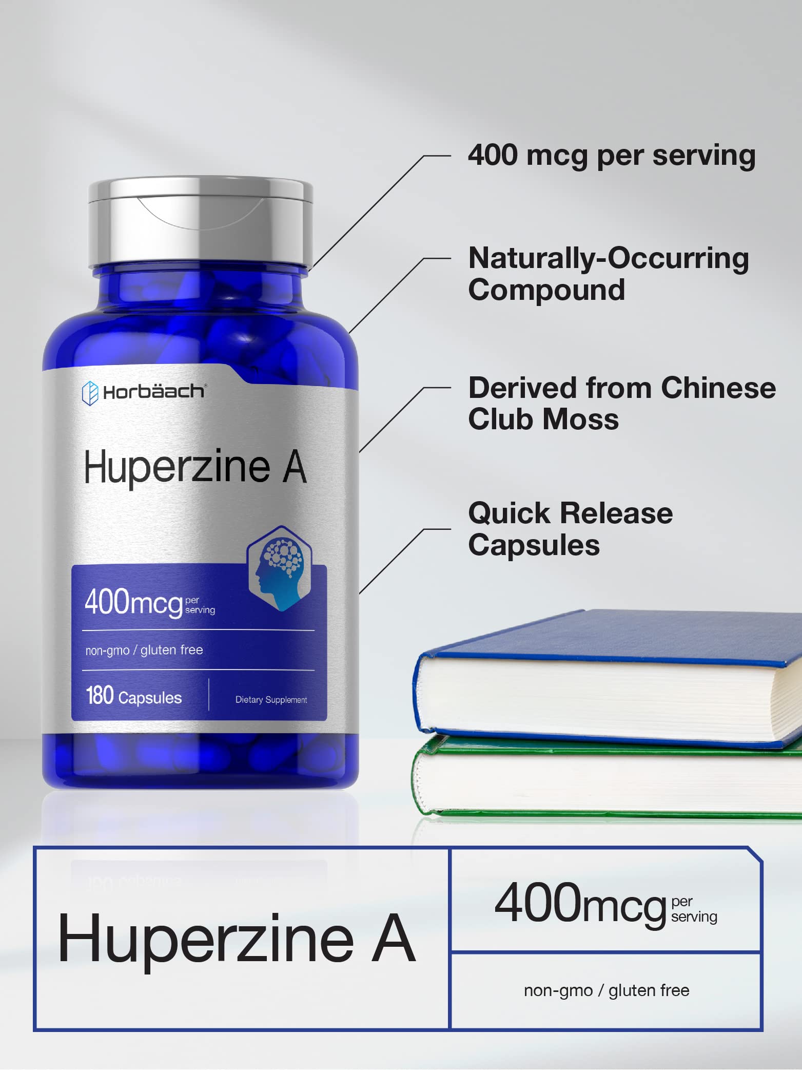 Horbäach Huperzine A capsules close-up for quick-release intake.