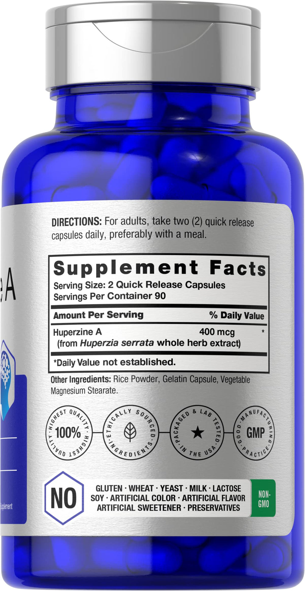Horbäach Huperzine A bottle label showing non-GMO and gluten-free claim.