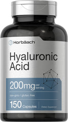 Horbäach Hyaluronic Acid 200 mg bottle highlights gluten-free, non-GMO formulation for daily hydration.