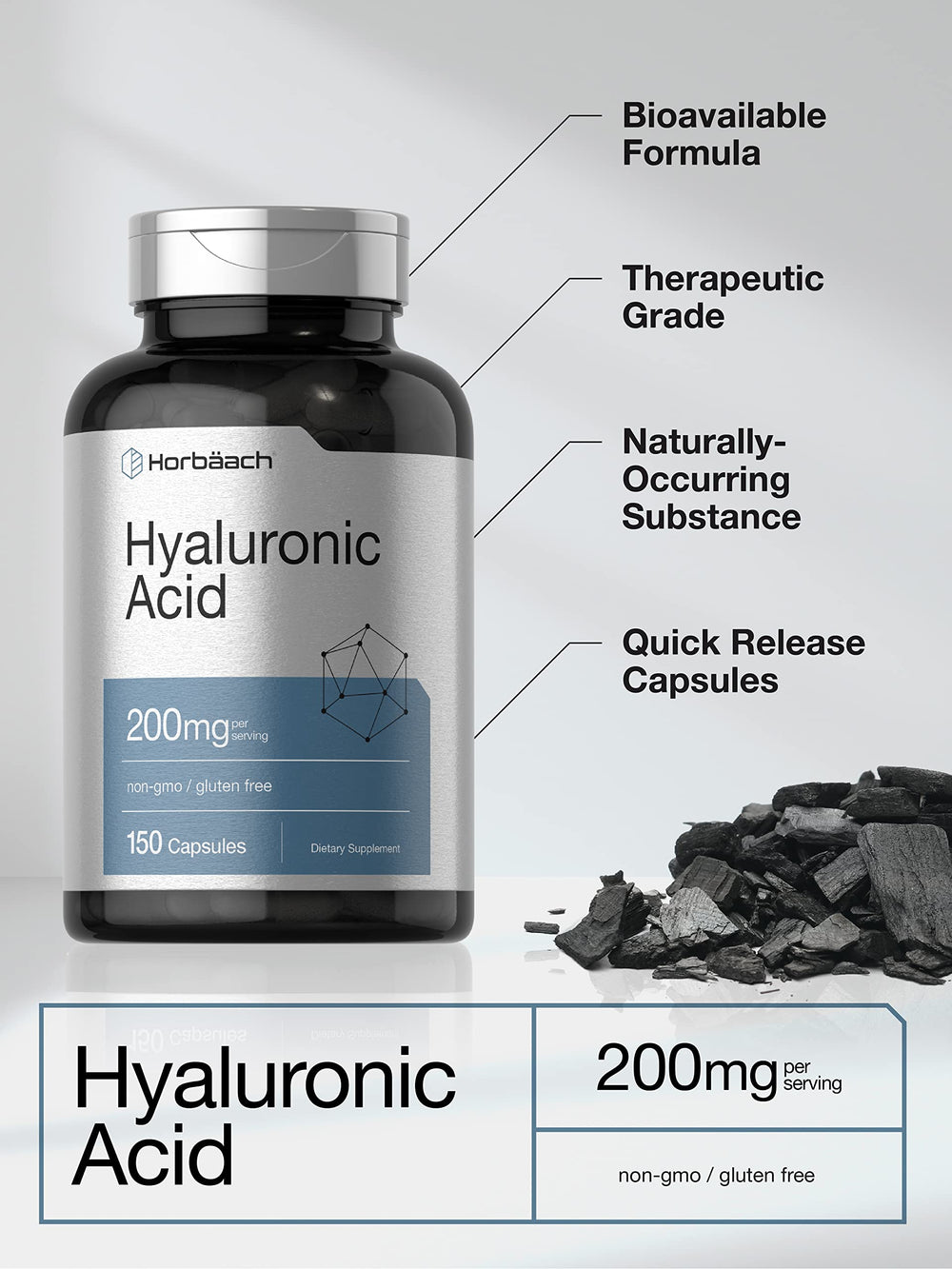 Closeup of Horbäach label with 200 mg per serving and purity cues.