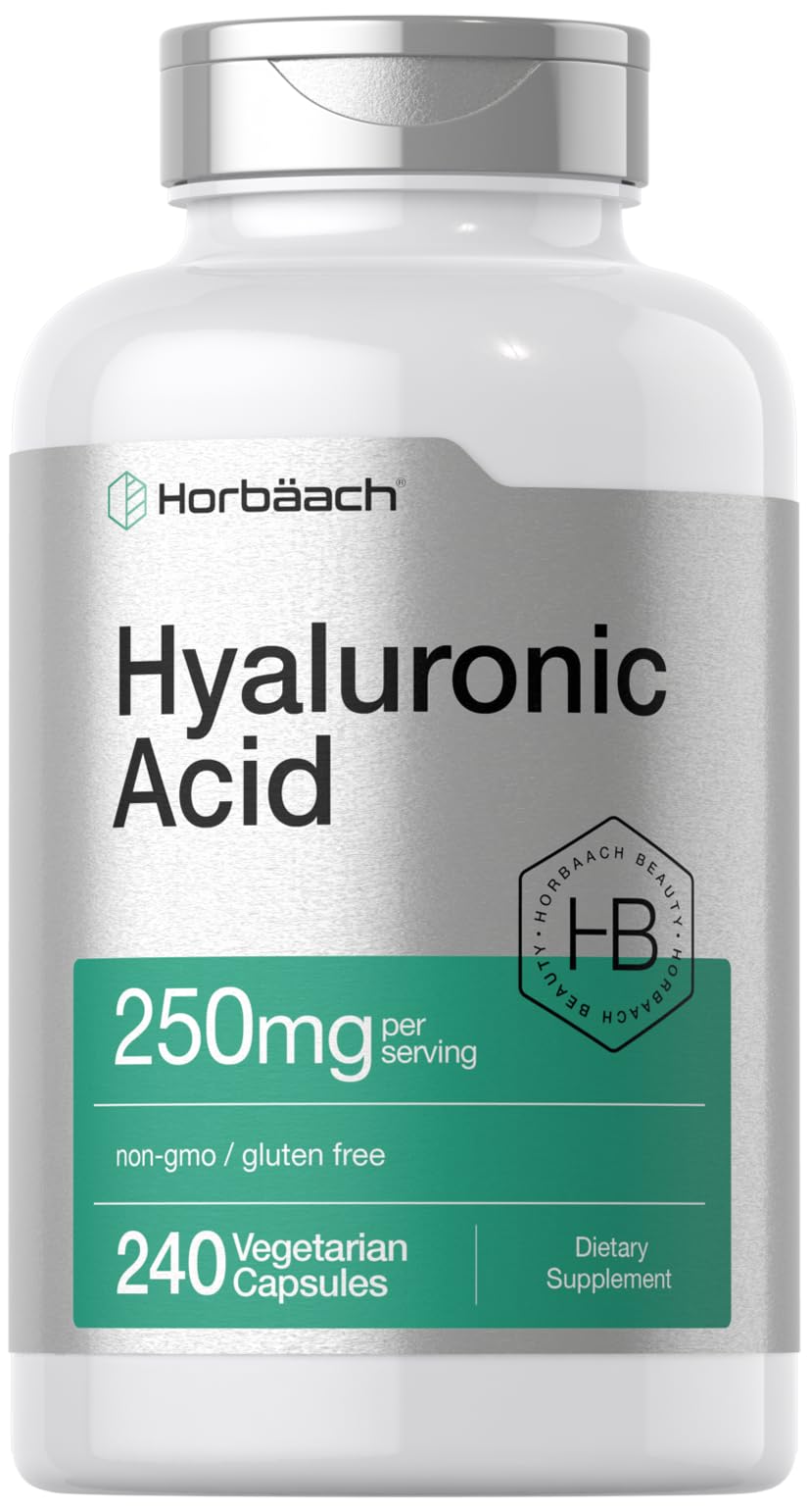 Horbäach Hyaluronic Acid Capsules bottle with 240 vegetarian capsules for daily hydration support.