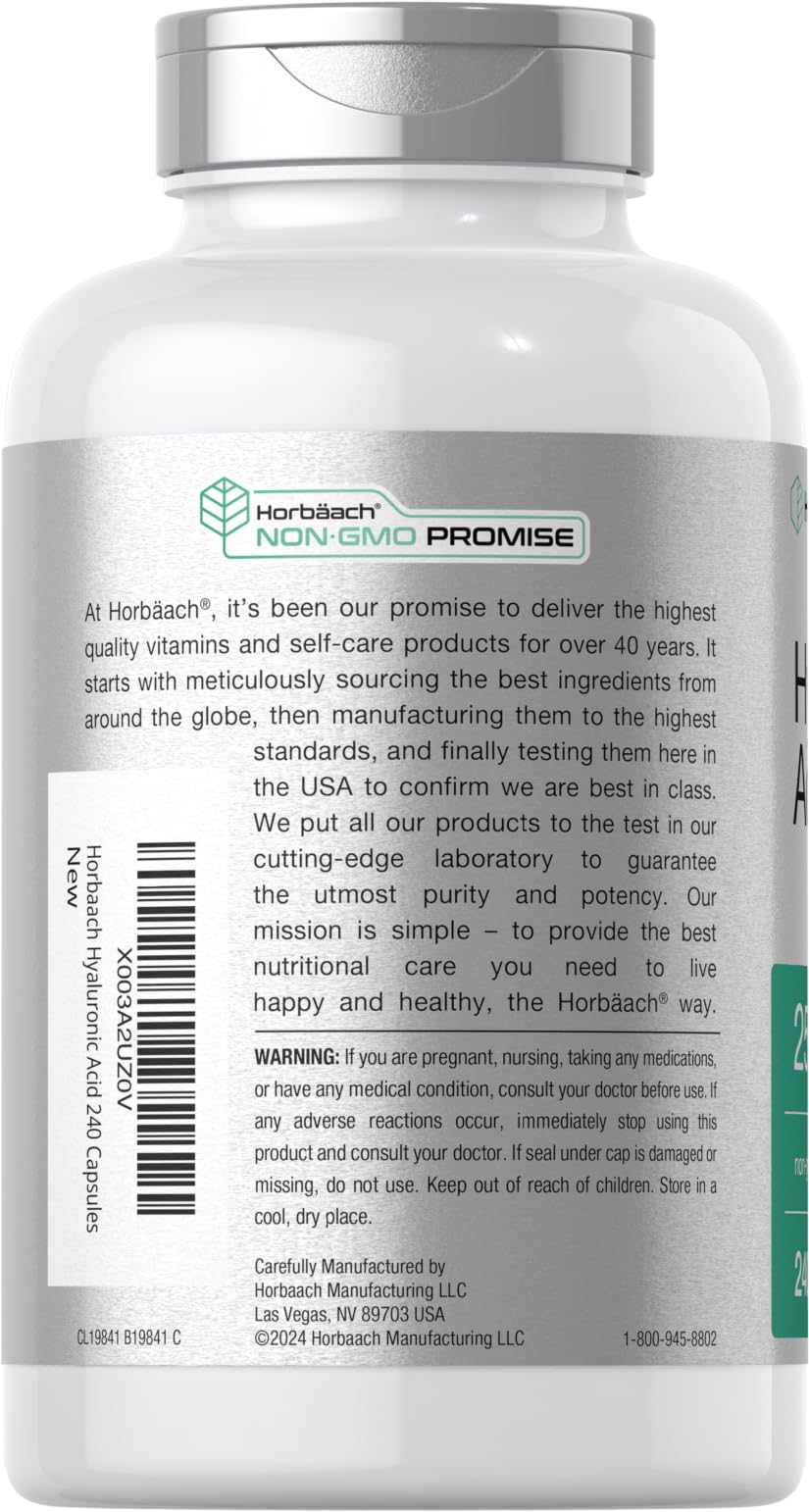 Horbäach Hyaluronic Acid Capsules label highlights 250 mg per serving for consistent dosing.