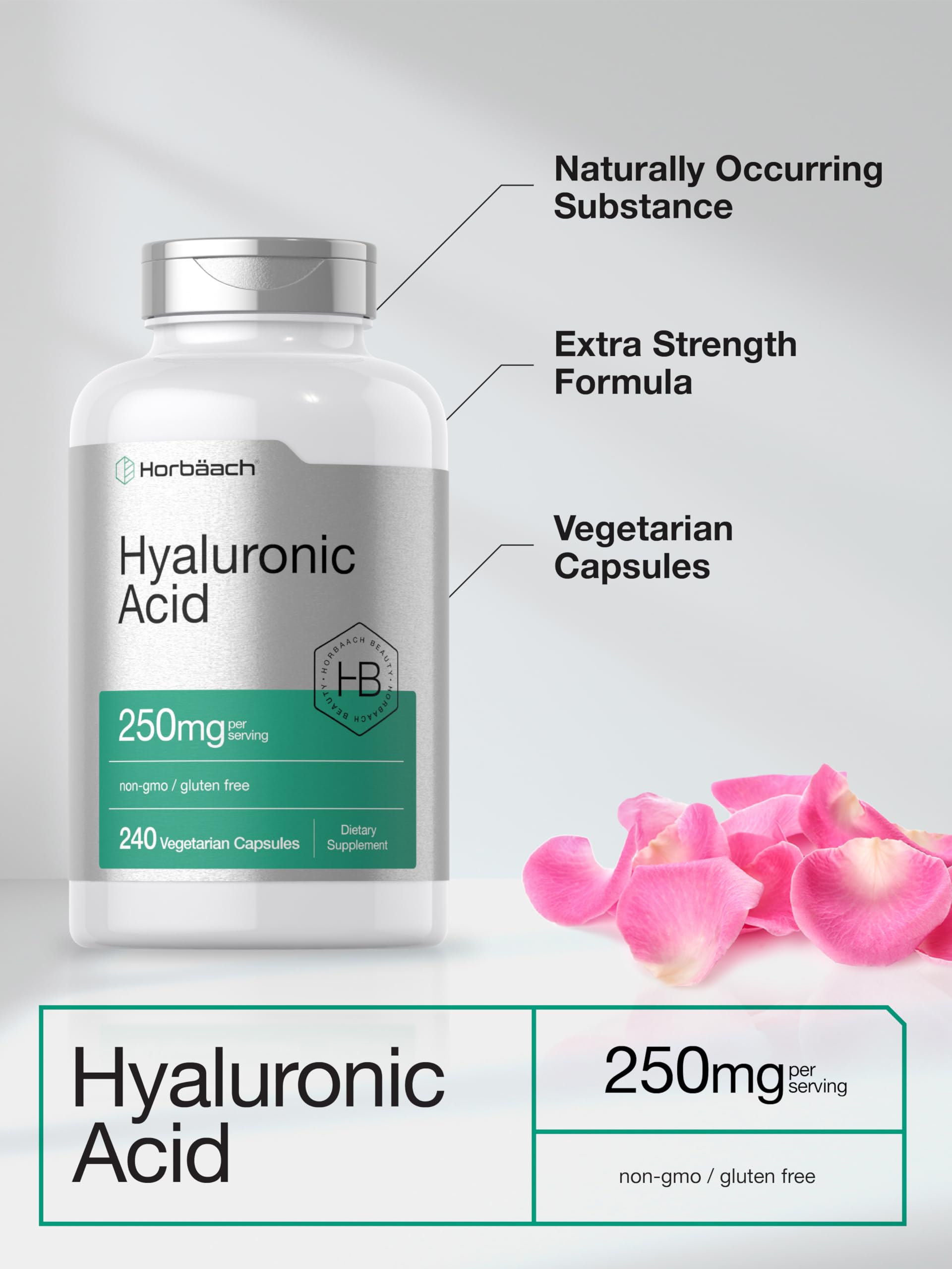 Horbäach Hyaluronic Acid Capsules packaging emphasizes non-GMO and gluten-free formula.