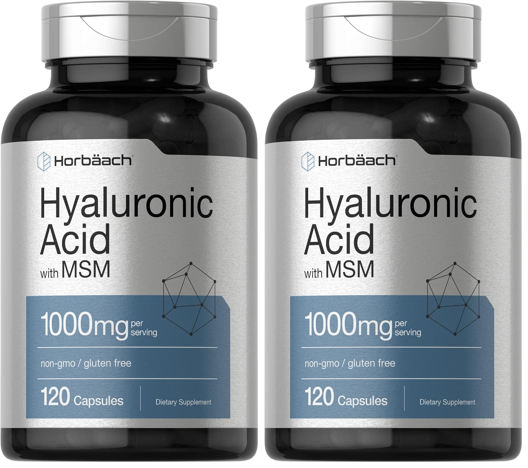 Horbäach Hyaluronic Acid with MSM bottle front showing high potency per serving.