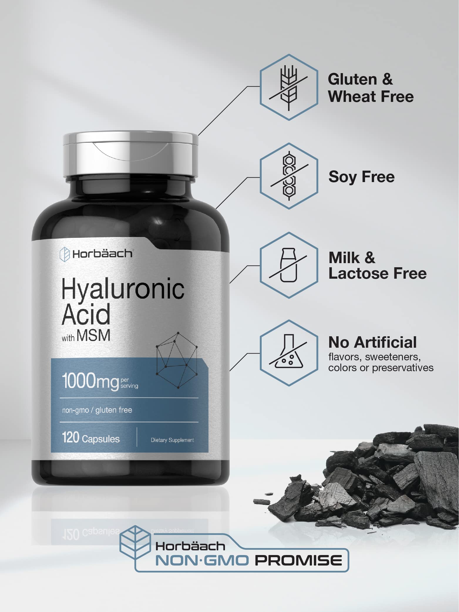Horbäach Hyaluronic Acid with MSM packaging box emphasizes gluten-free, non-GMO formula.