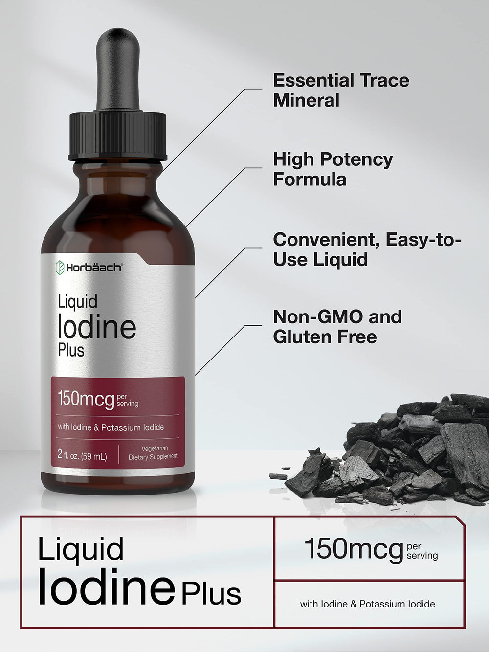 Horbäach Iodine Liquid Drops ingredients panel featuring iodine and potassium iodide.