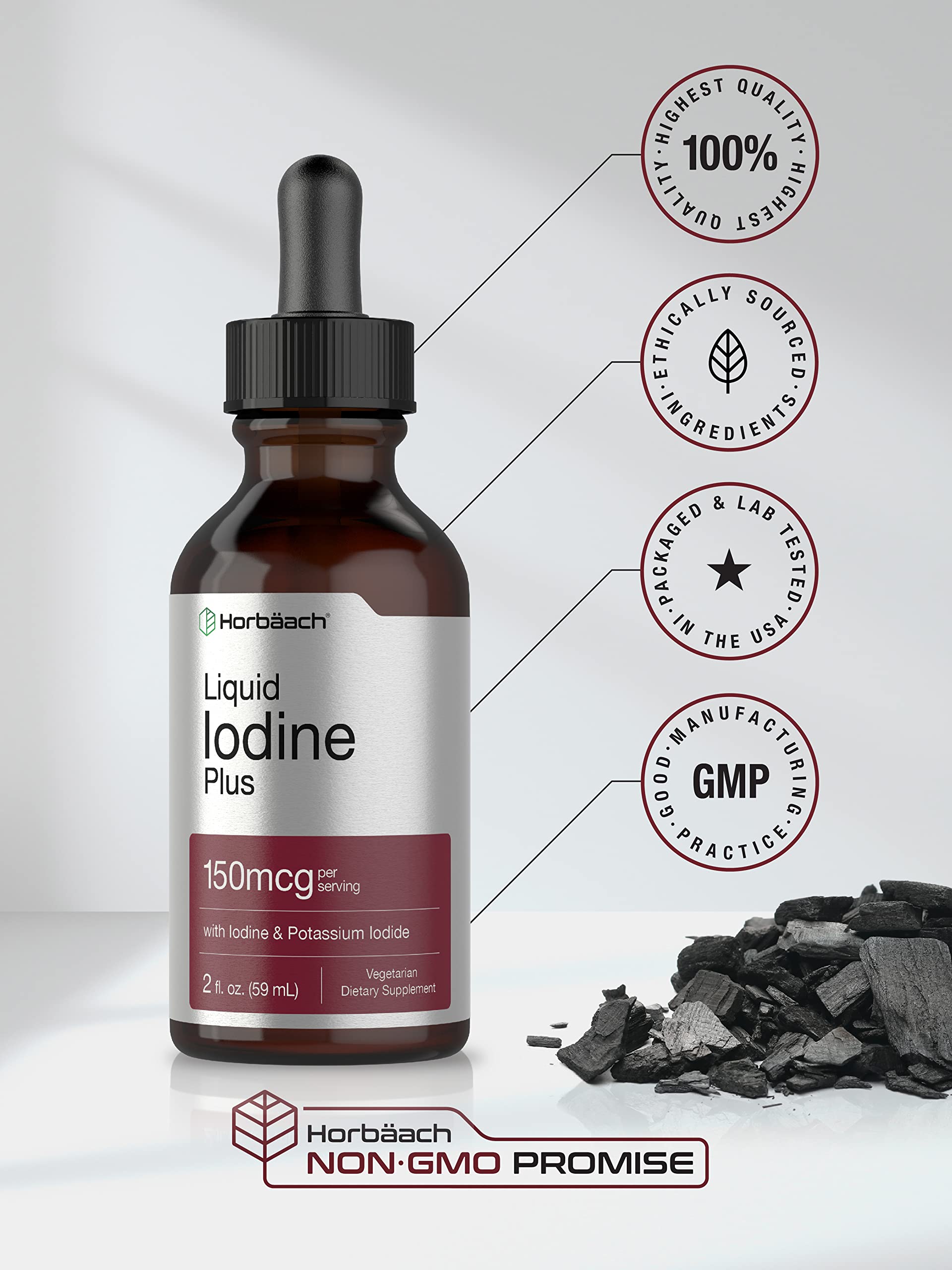 Horbäach Iodine Liquid Drops label view emphasizing gluten-free and non-GMO notes.