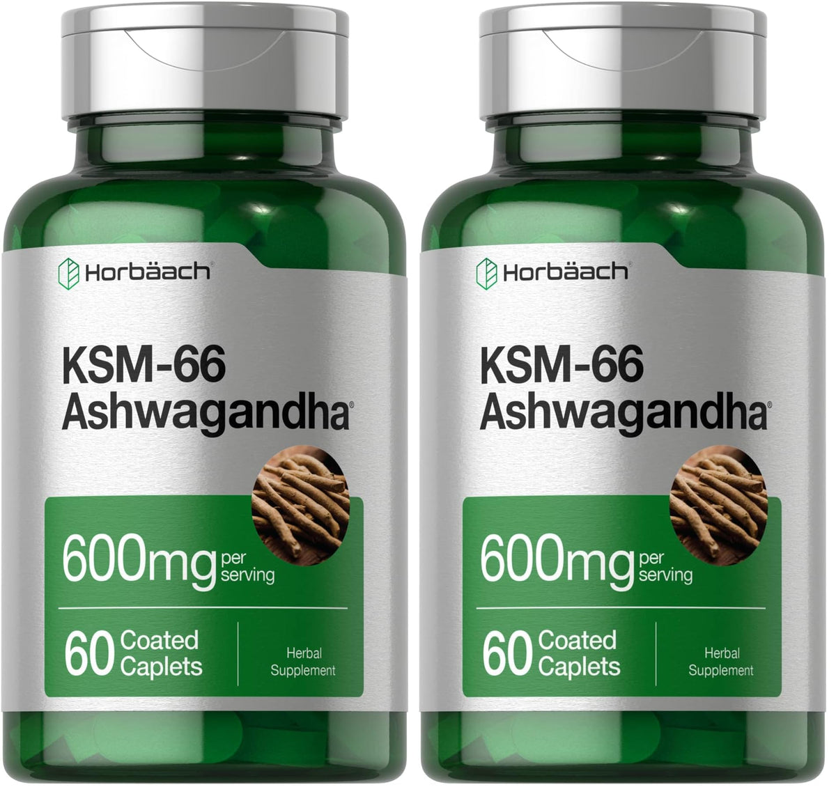 Horbaach KSM-66 Ashwagandha caplets bottle front; vegan daily wellness support.