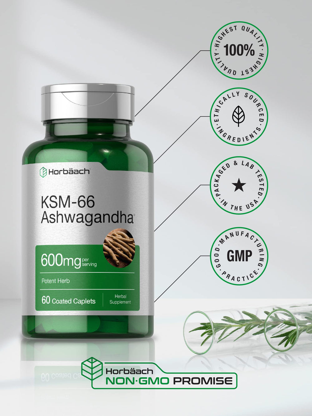 Horbäach KSM-66 packaging box showing gluten-free and non-GMO promise.