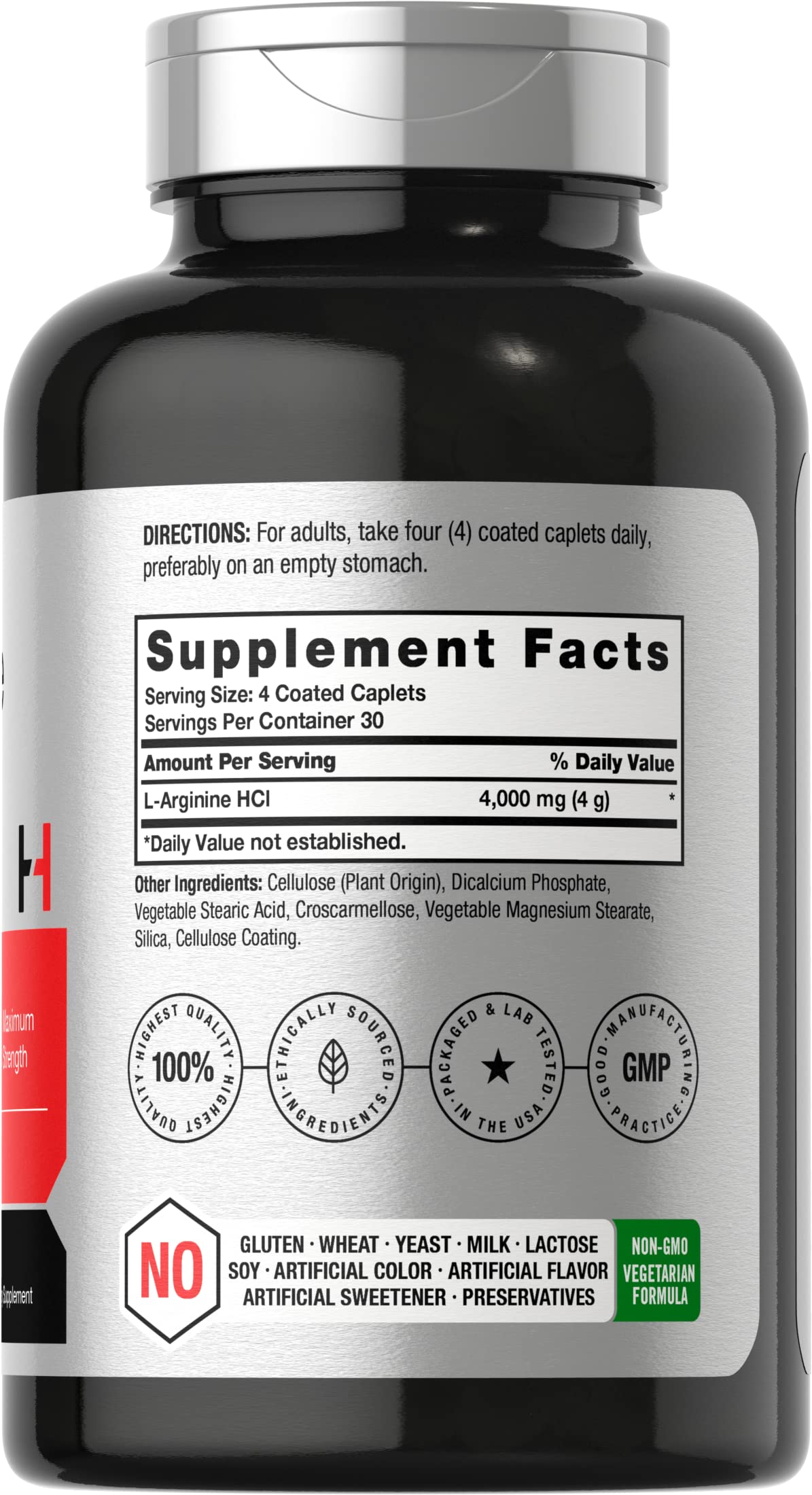 Horbaach L-Arginine 4000mg caplets closeup showing easy-to-swallow tablets