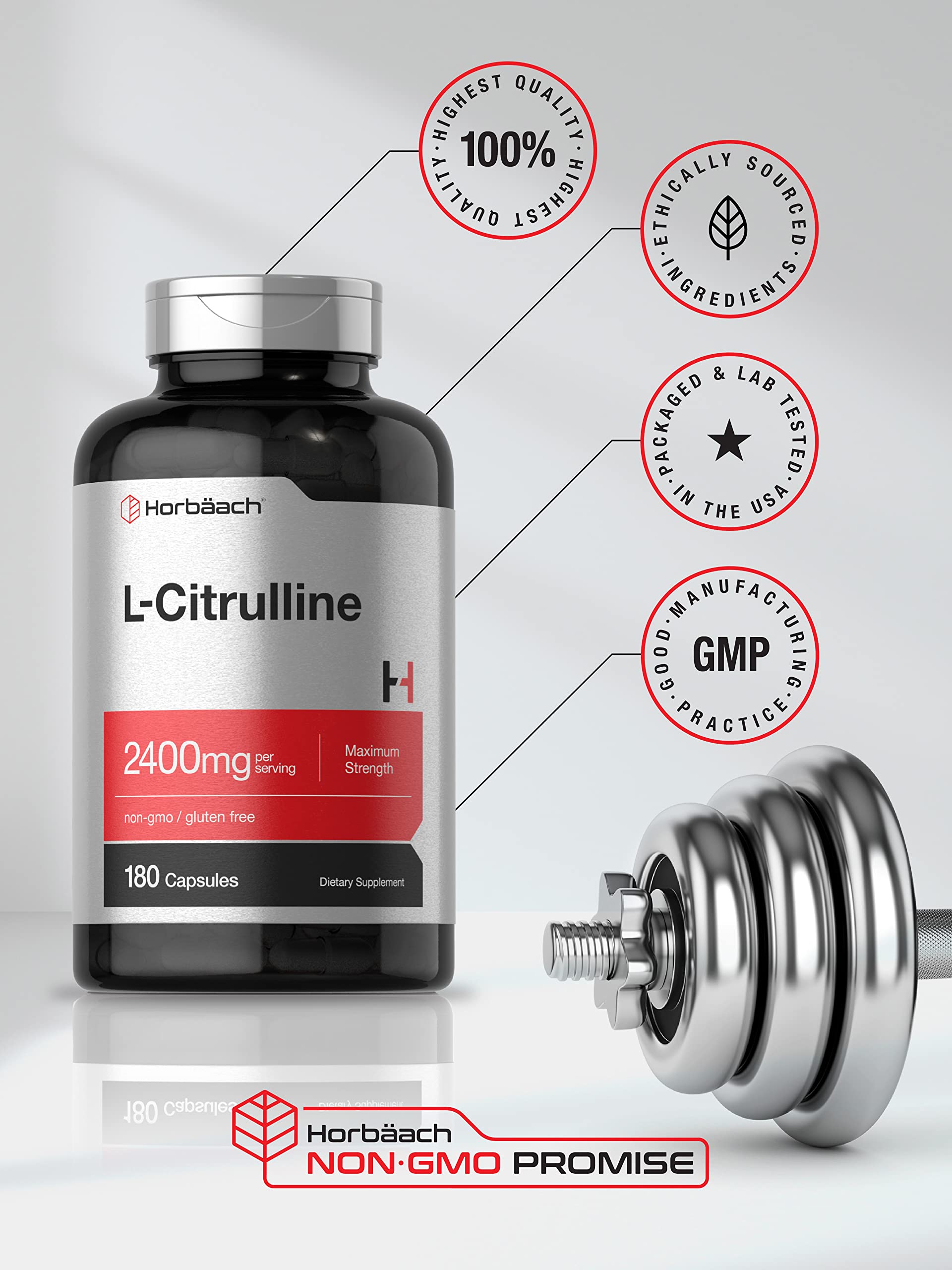 Horbaach L Citrulline ingredients gluten-free badge for dietary compatibility.