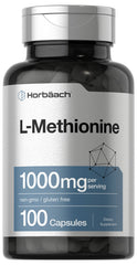 Horbäach L-Methionine bottle label close-up highlighting 1000 mg potency.