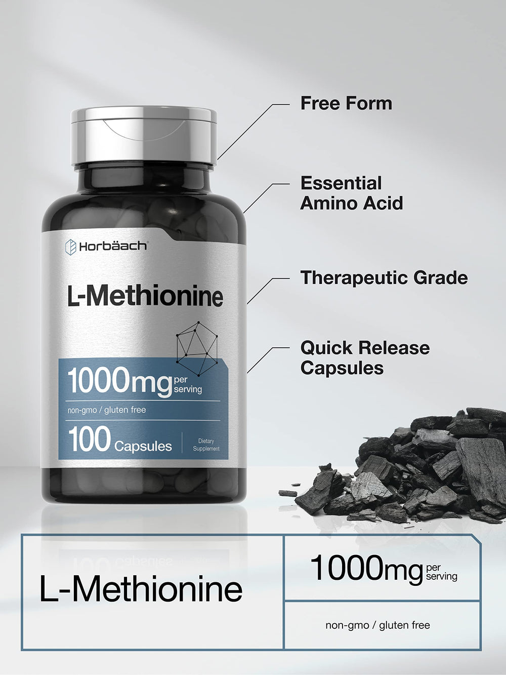 Horbäach L-Methionine packaging outer box with gluten-free and non-GMO markings.