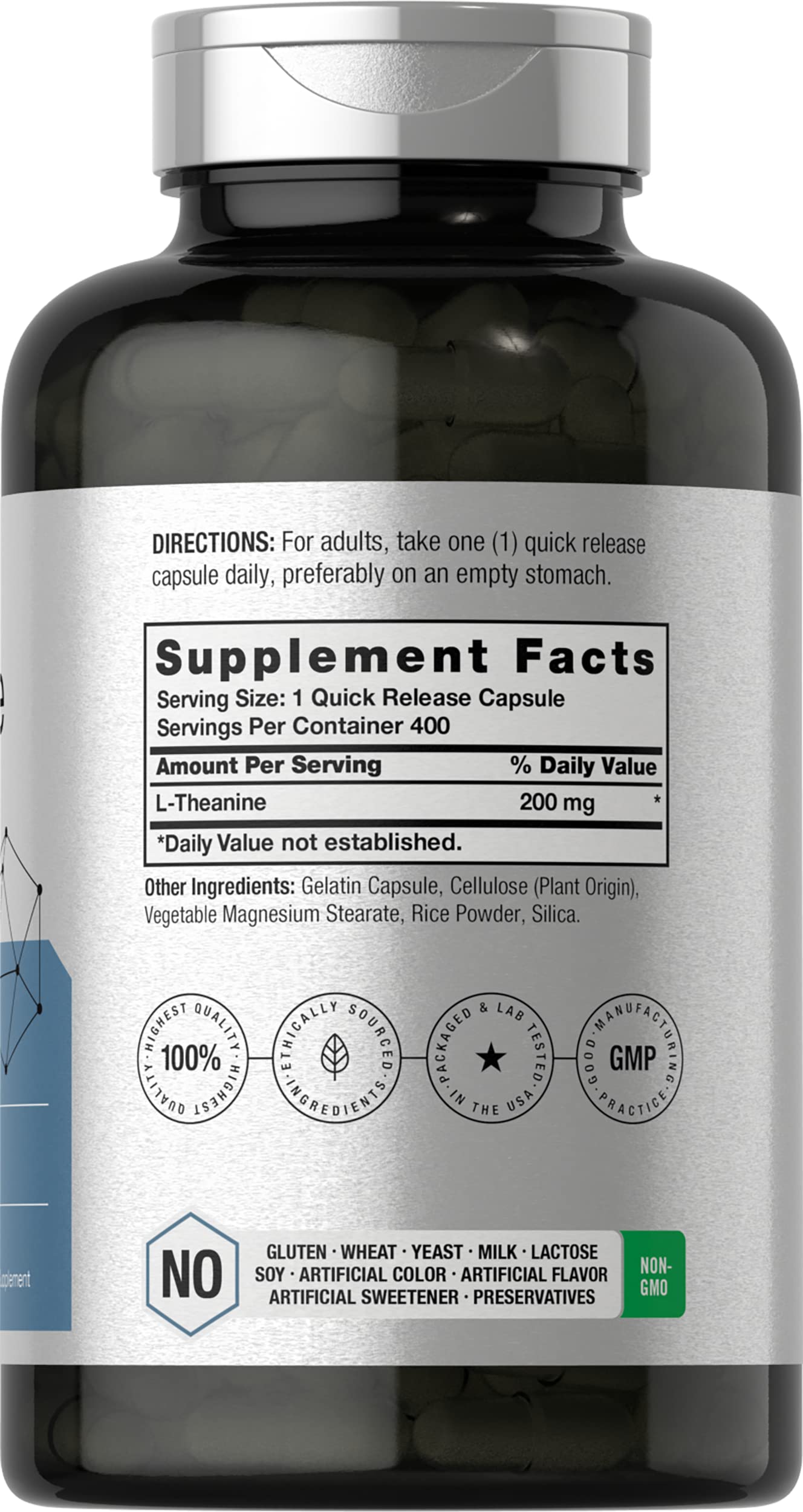 Horbäach L-Theanine 400 capsules pack highlights value-size supplement.