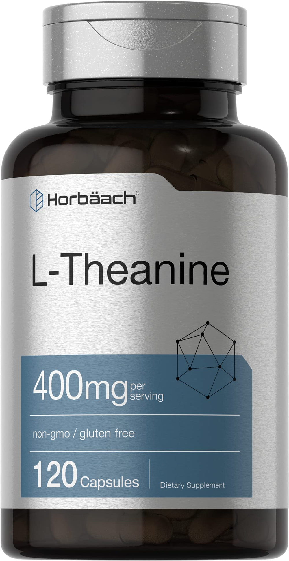 Horbäach L-Theanine 400mg capsules bottle front supports daily calm focus.