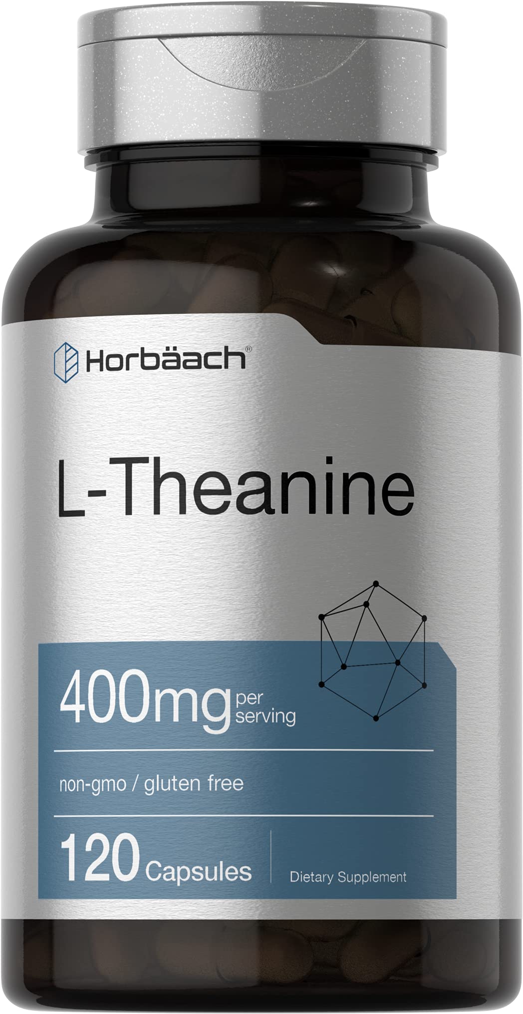 Horbäach L-Theanine 400mg capsules bottle front supports daily calm focus.