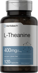 Horbäach L-Theanine 400mg capsules bottle front supports daily calm focus.