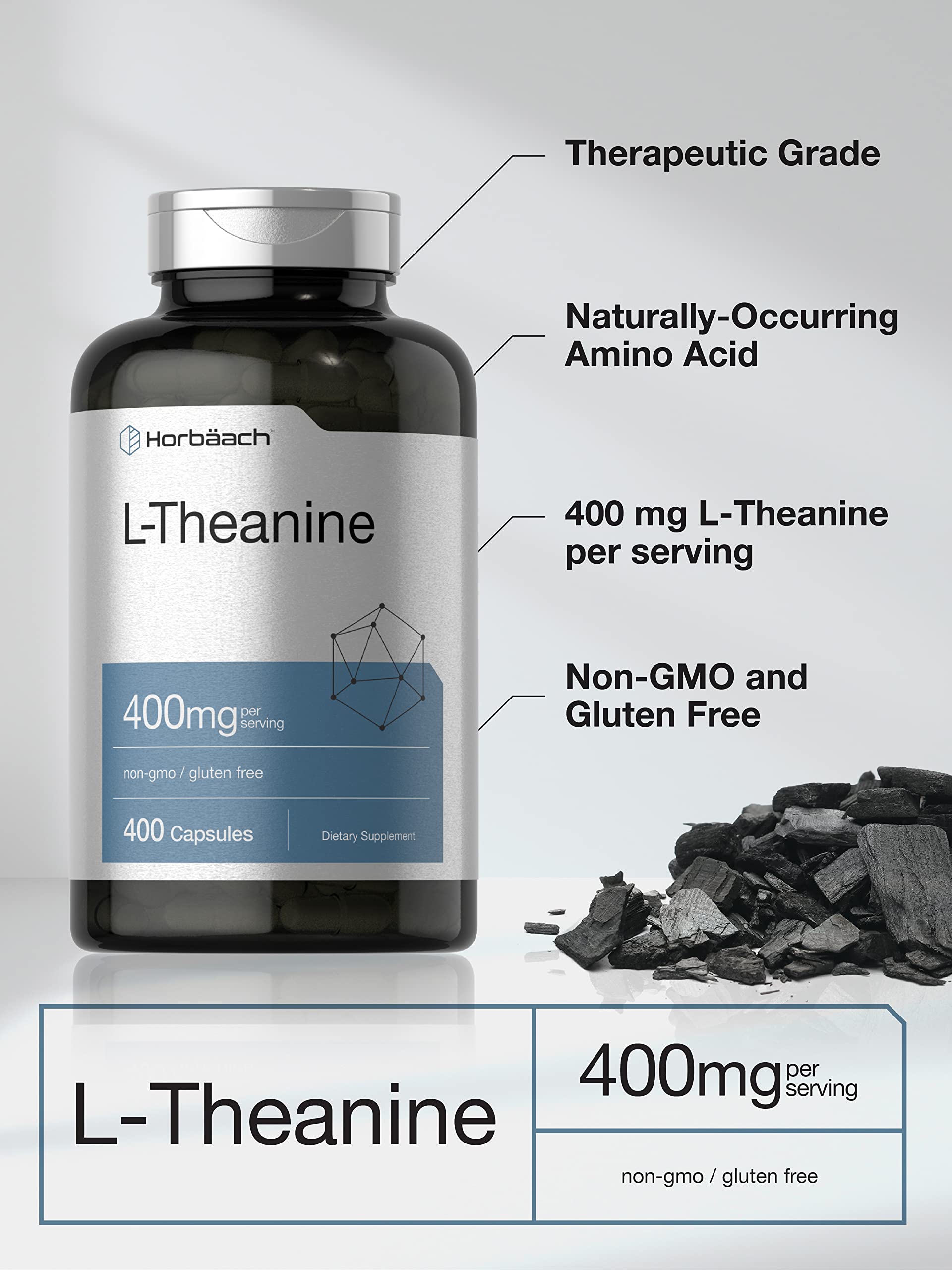 Label detail shows gluten-free and non-GMO for Horbäach L-Theanine 400mg.