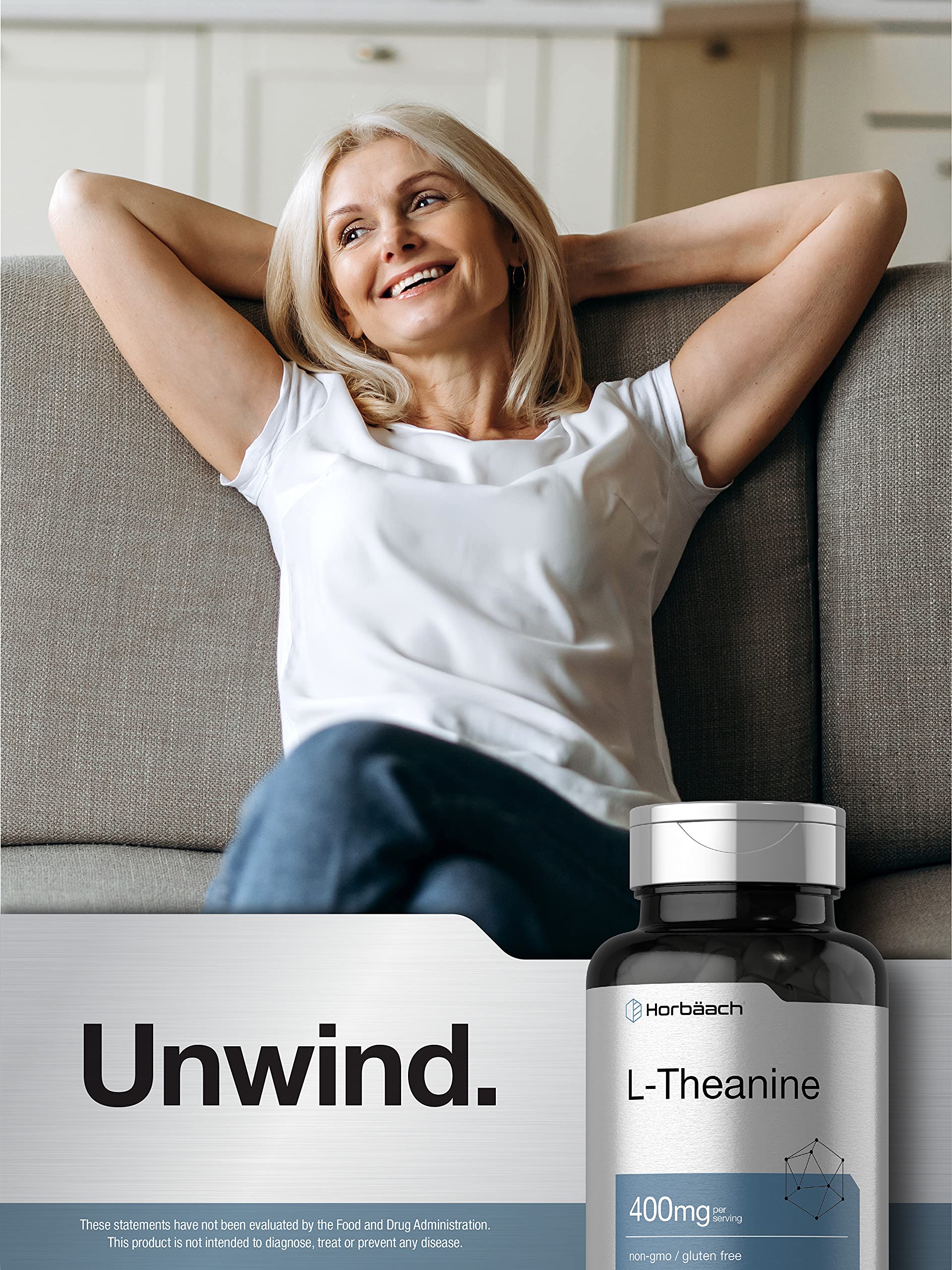 Horbäach L-Theanine packaging with gluten-free and purity claims visible.