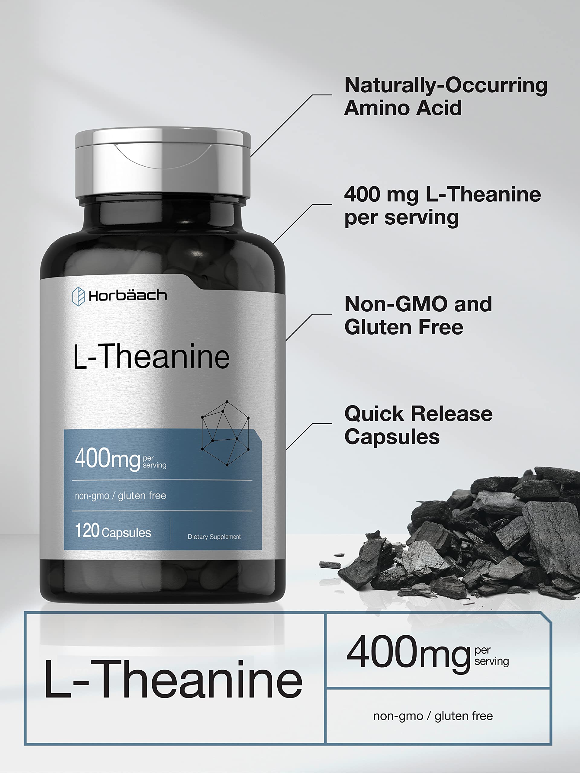 Horbäach L-Theanine capsules close-up showing easy quick-release capsules.
