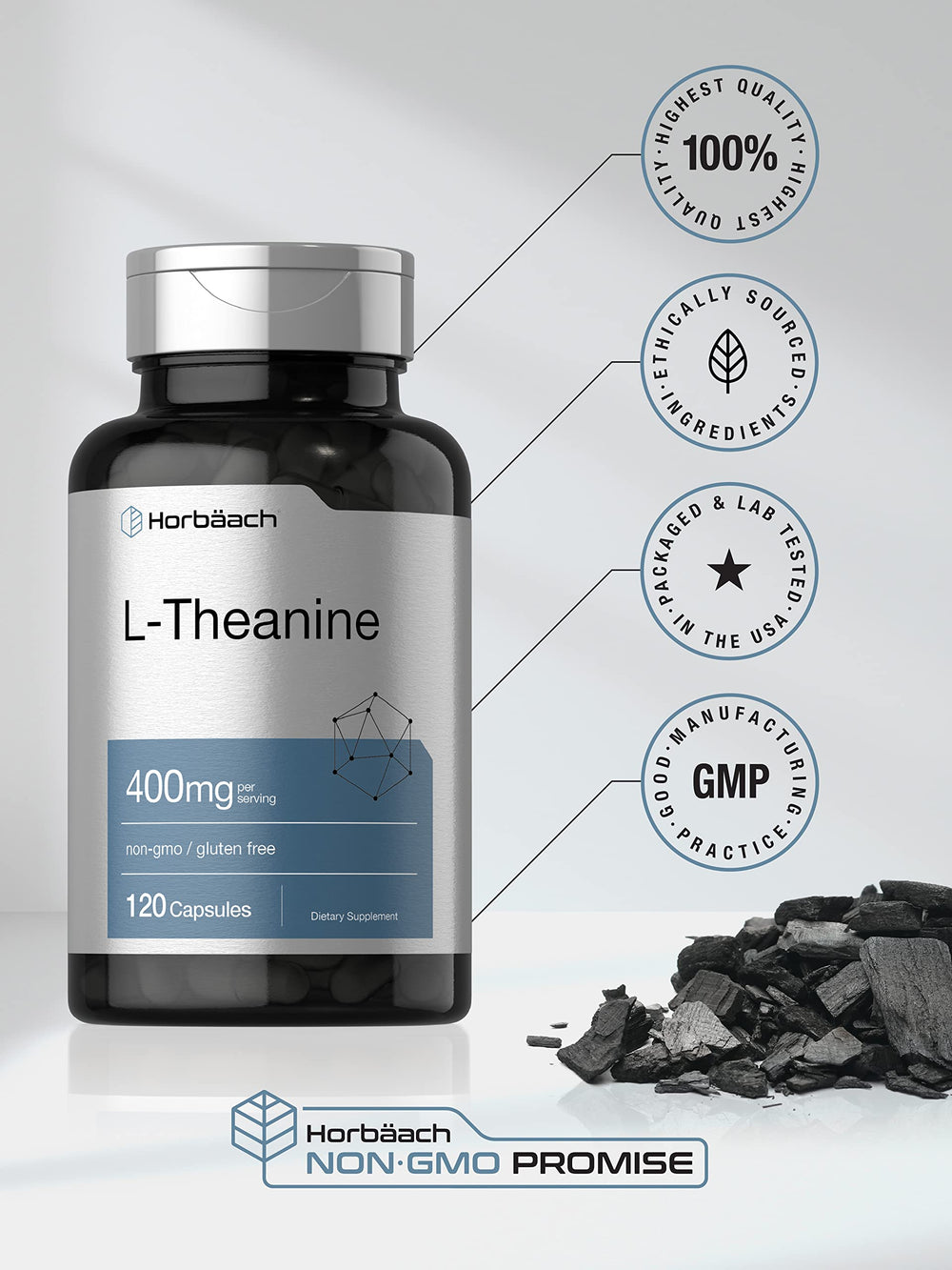 Horbäach L-Theanine ingredients panel displaying non-GMO and gluten-free notes.