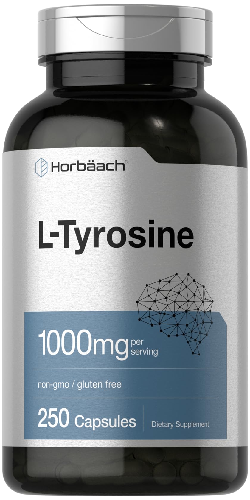 Horbäach L-Tirosina cápsulas de 1000 mg para enfoque diario.