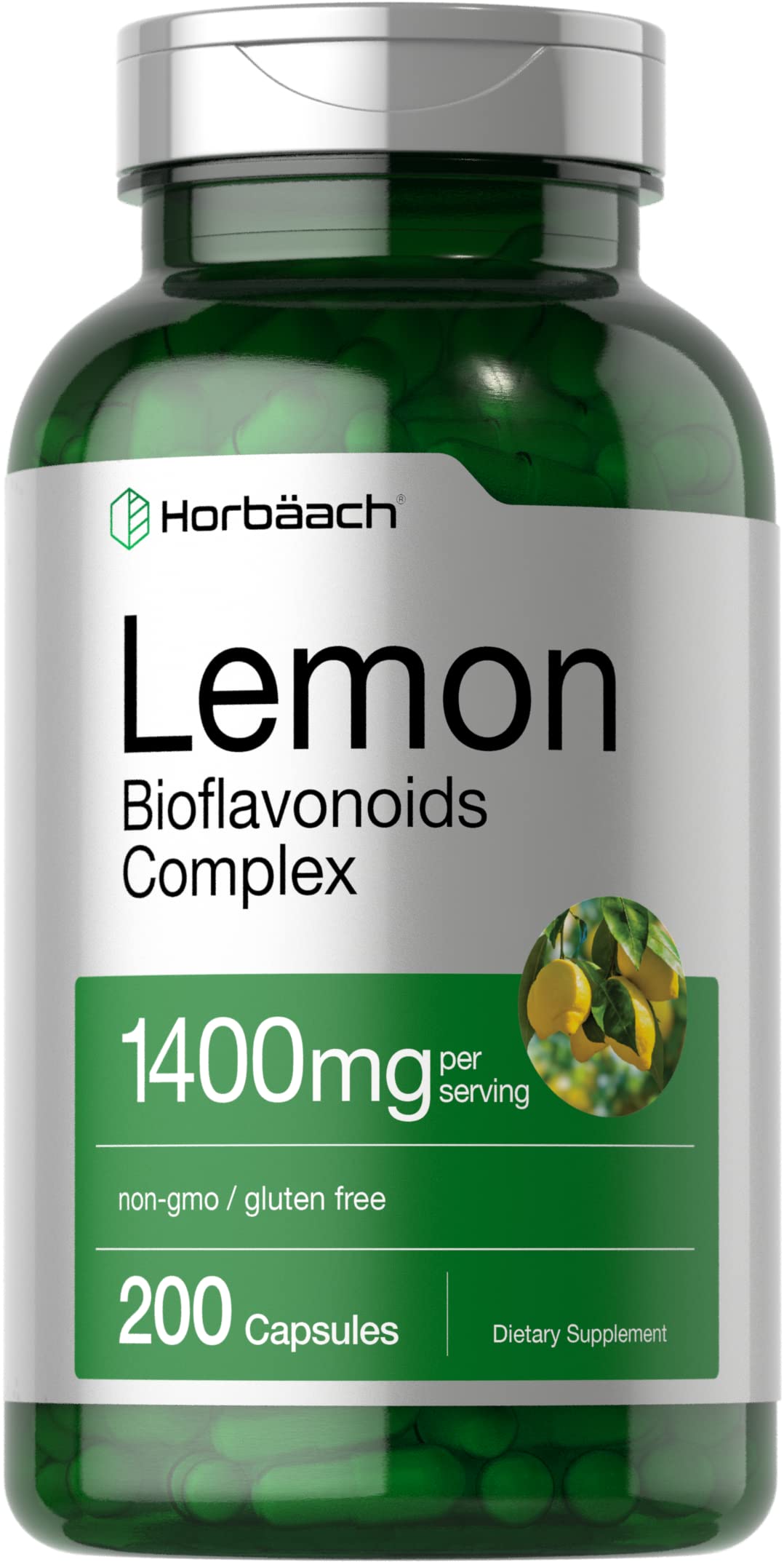 Horbaach Lemon Bioflavonoids bottle highlights high potency 1400 mg formula for daily wellness.