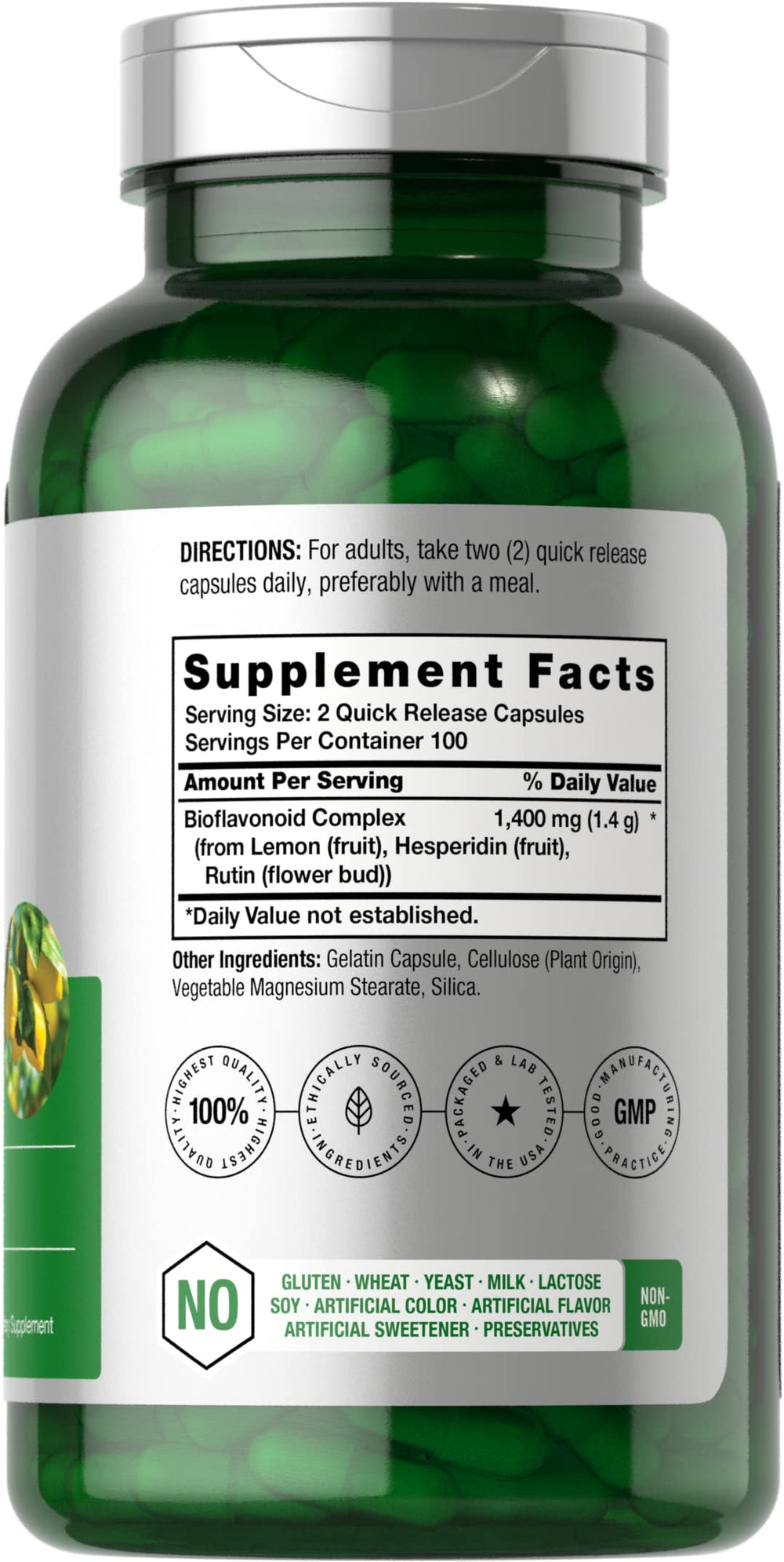 Horbaach Lemon Bioflavonoids cap closeup emphasizes quick-release capsules for easy daily use.