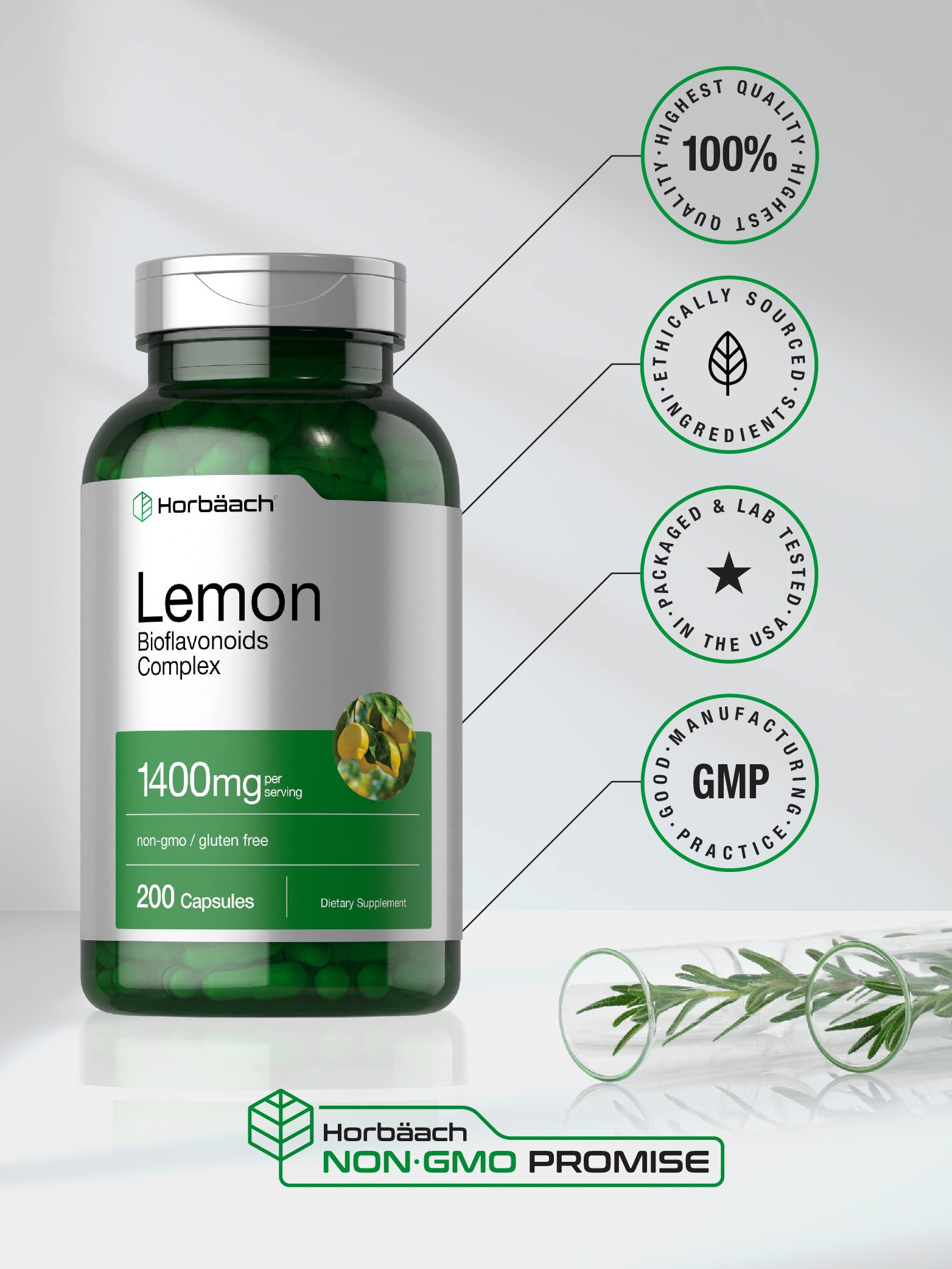 Horbaach Lemon Bioflavonoids ingredients panel communicates non-GMO and gluten-free status.