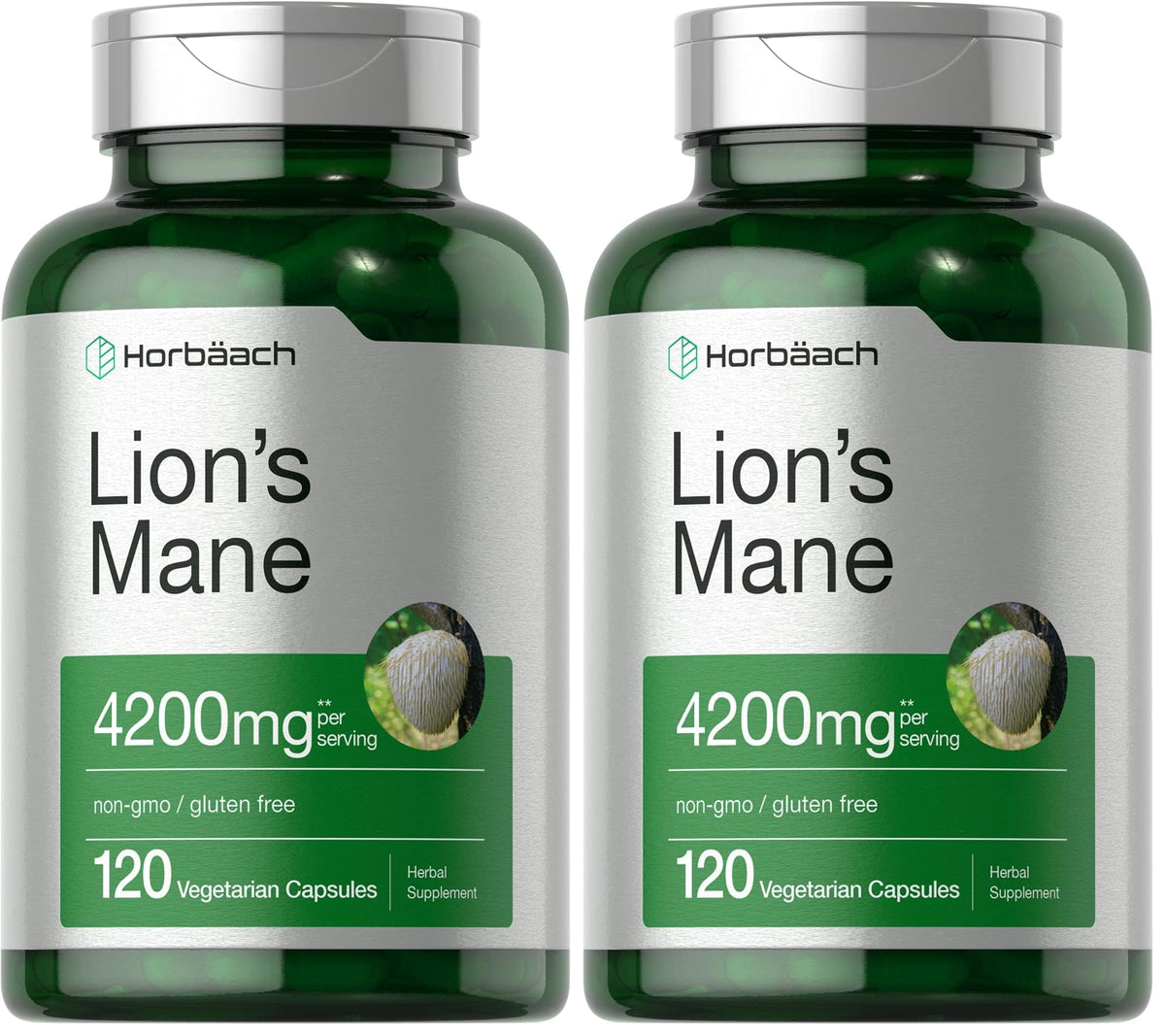 Horbäach Lions Mane bottle front – gluten-free vegetarian wellness option