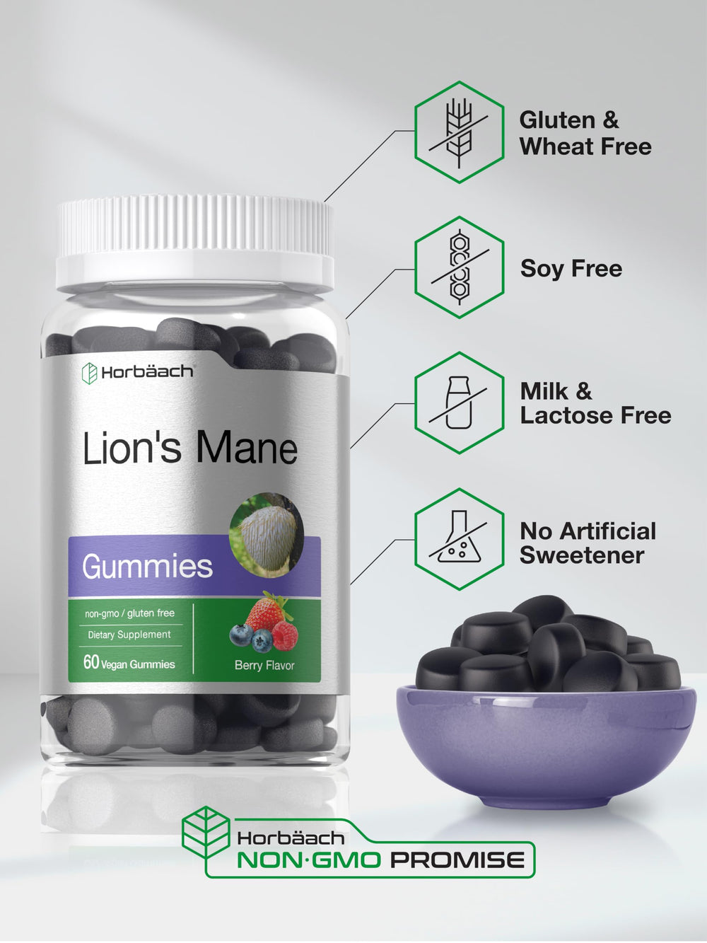 Horbäach Lions Mane Gummies vegan non-GMO badge on packaging.