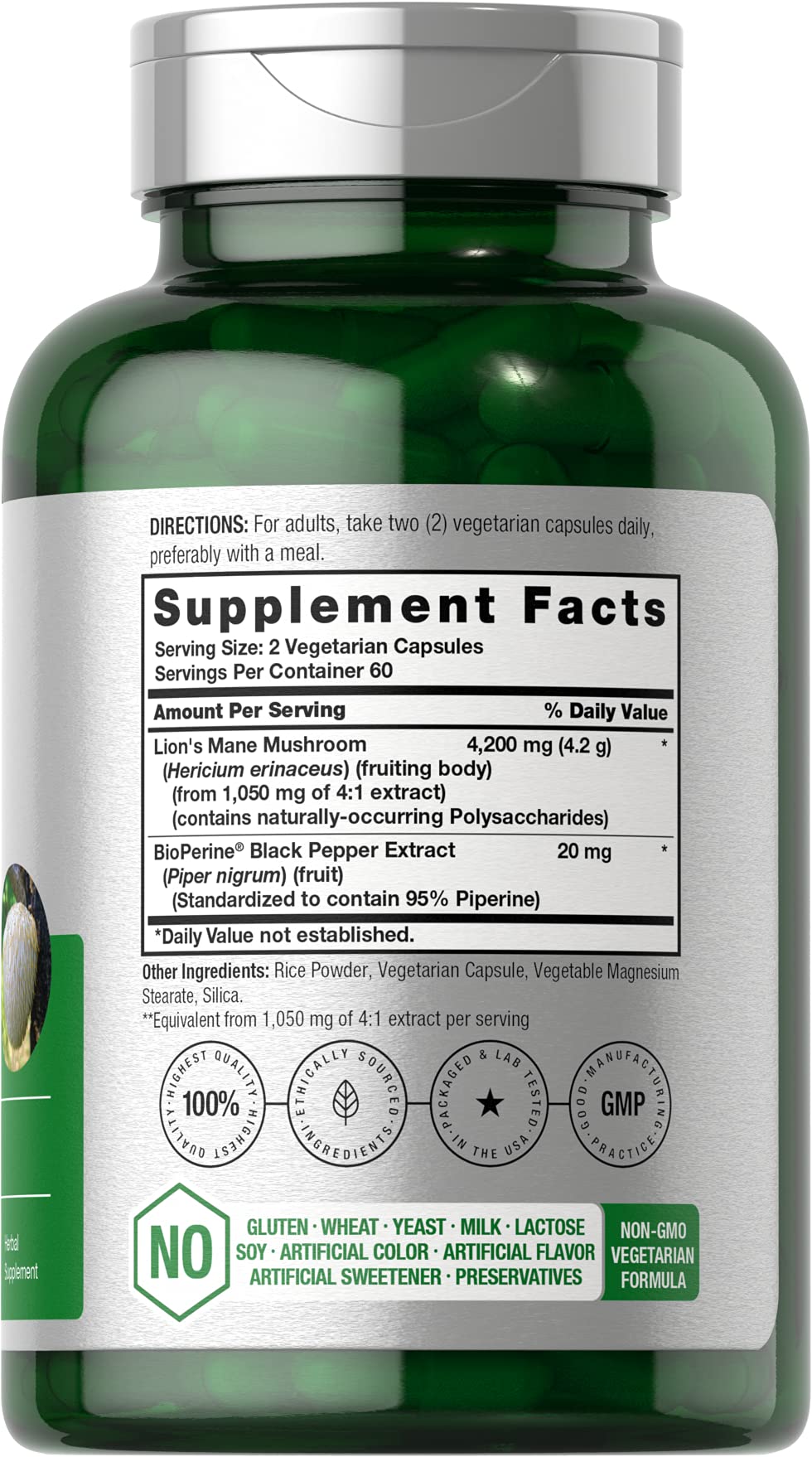 Horbäach Lions Mane bottle back highlights ingredients and gluten-free, non-GMO quality.
