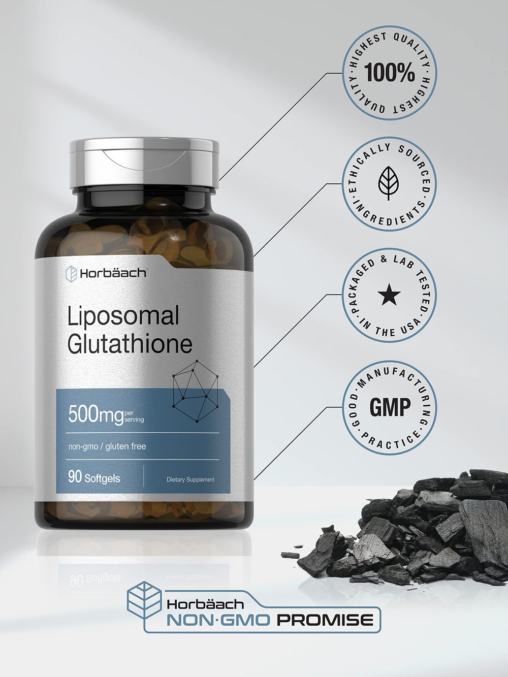 Horbaach Liposomal Glutathione non-GMO gluten-free certification on packaging.