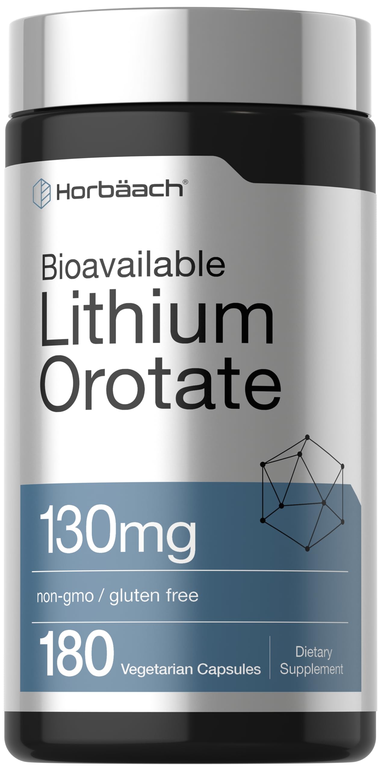 Horbaach Lithium Orotate 130mg bottle shows dosage for daily support.