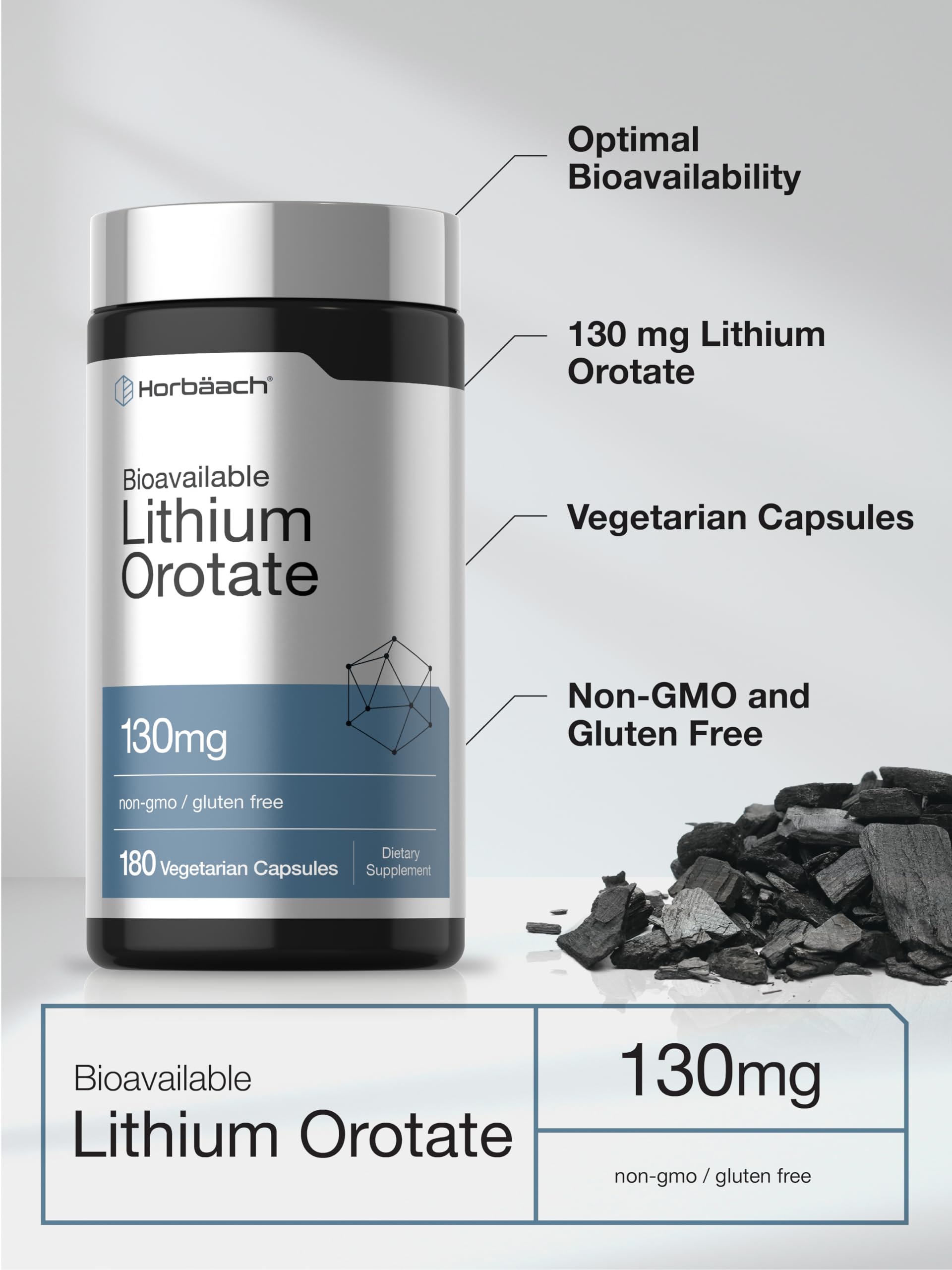 Horbaach Lithium Orotate bottle pour shows convenient capsule format on the go.