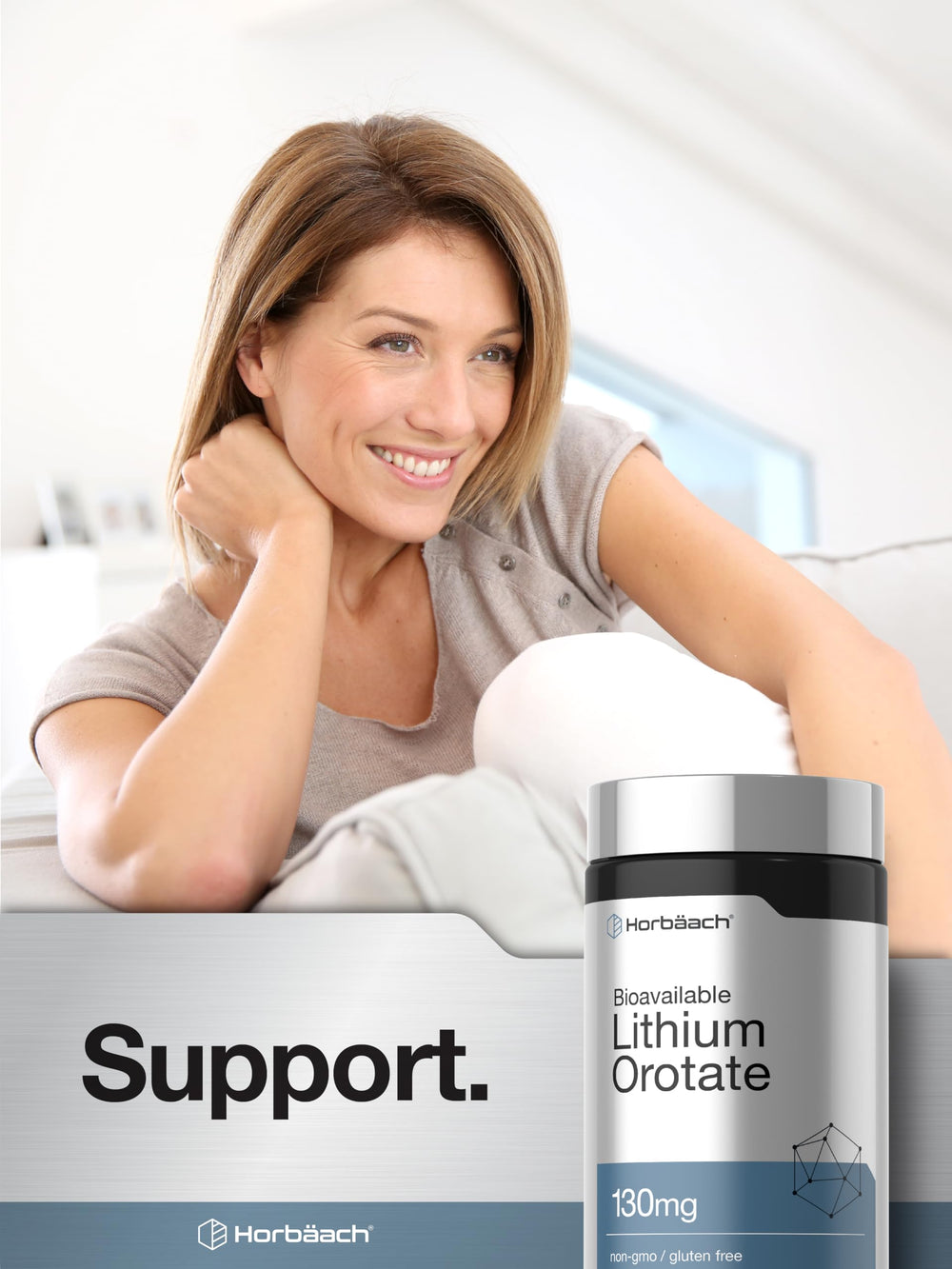 Horbaach Lithium Orotate gluten-free mark near label reassures dietary compatibility.