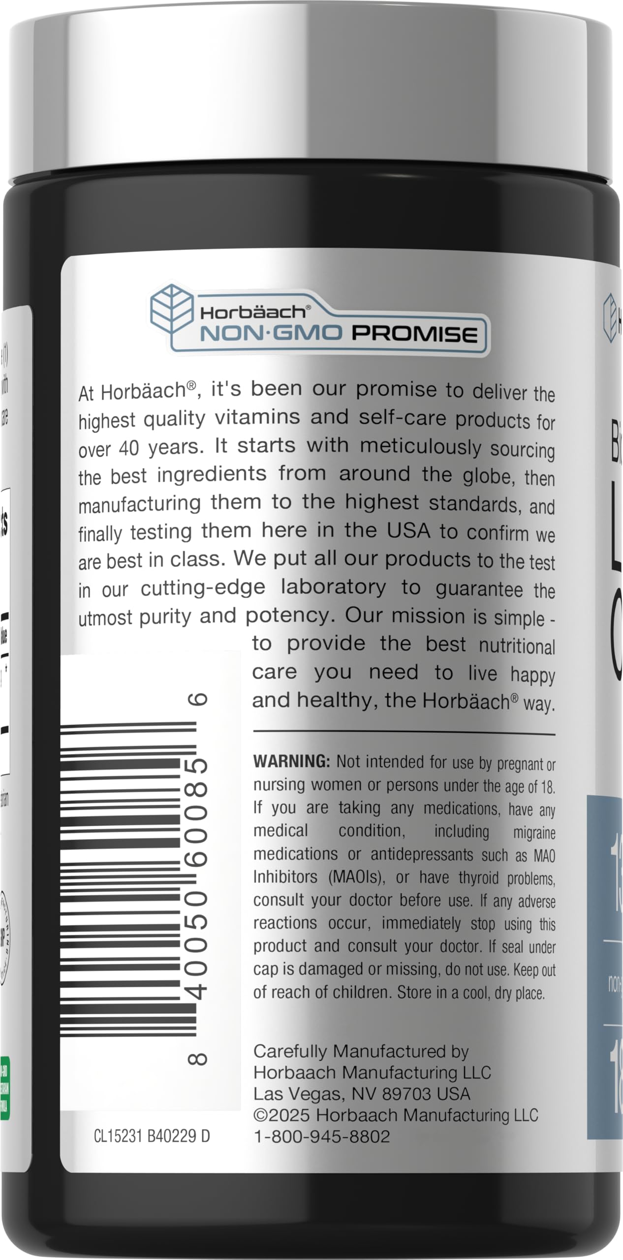 Horbaach Lithium Orotate label emphasizes 130 mg dose and premium non-GMO quality.