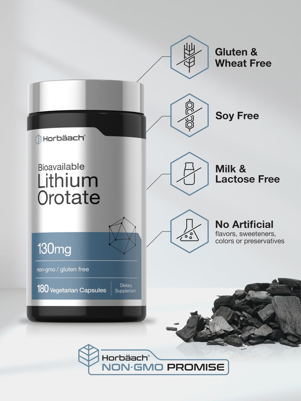 Horbaach Lithium Orotate non-GMO seal highlights safety and quality standards.