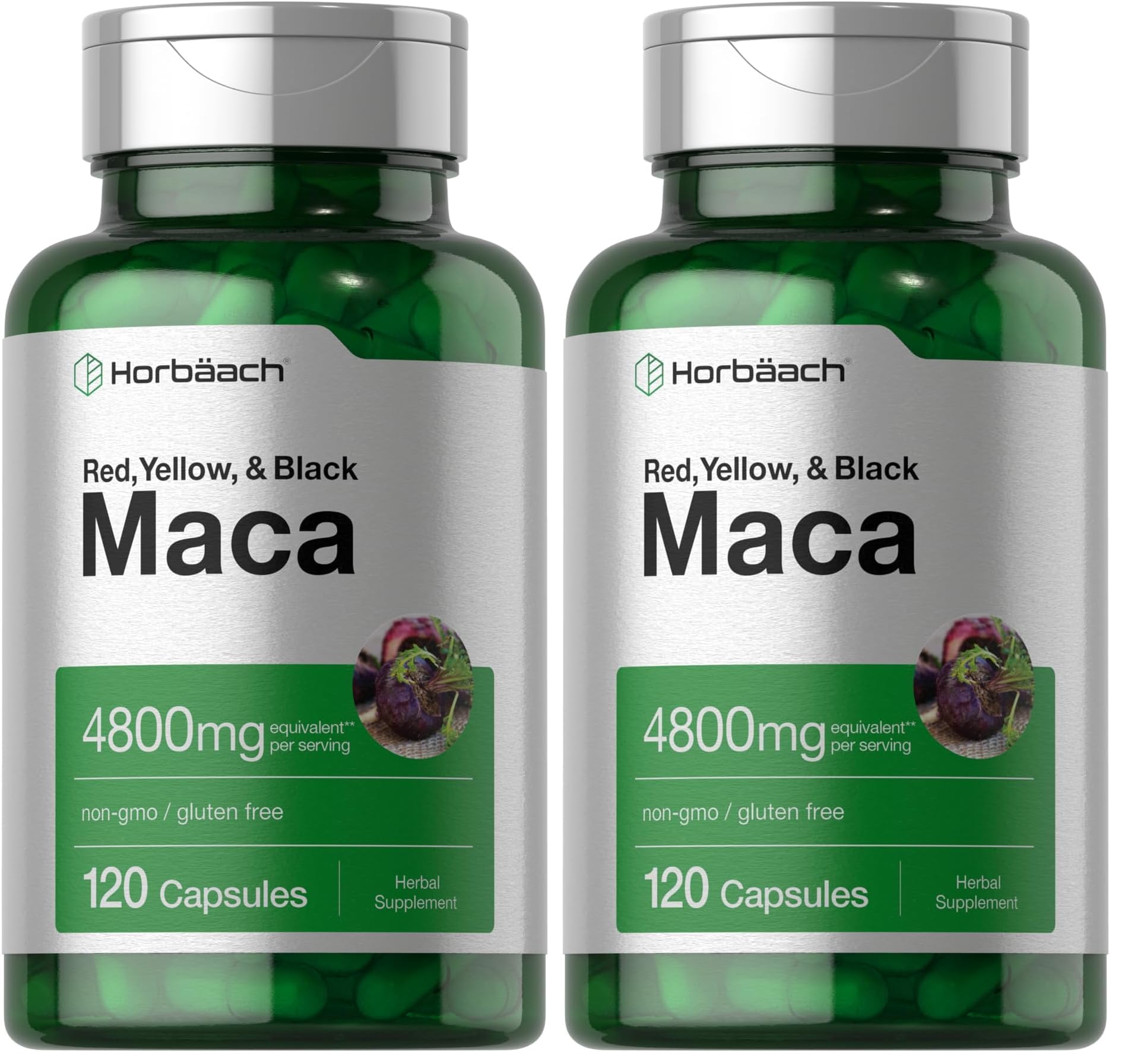 Horbäach Maca Root Capsules bottle shows high-potency gluten-free formula.