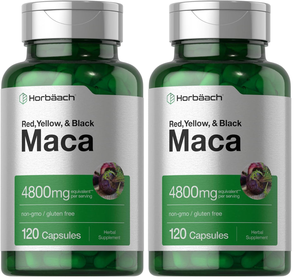 Horbäach Maca Root Capsules bottle shows high-potency gluten-free formula.