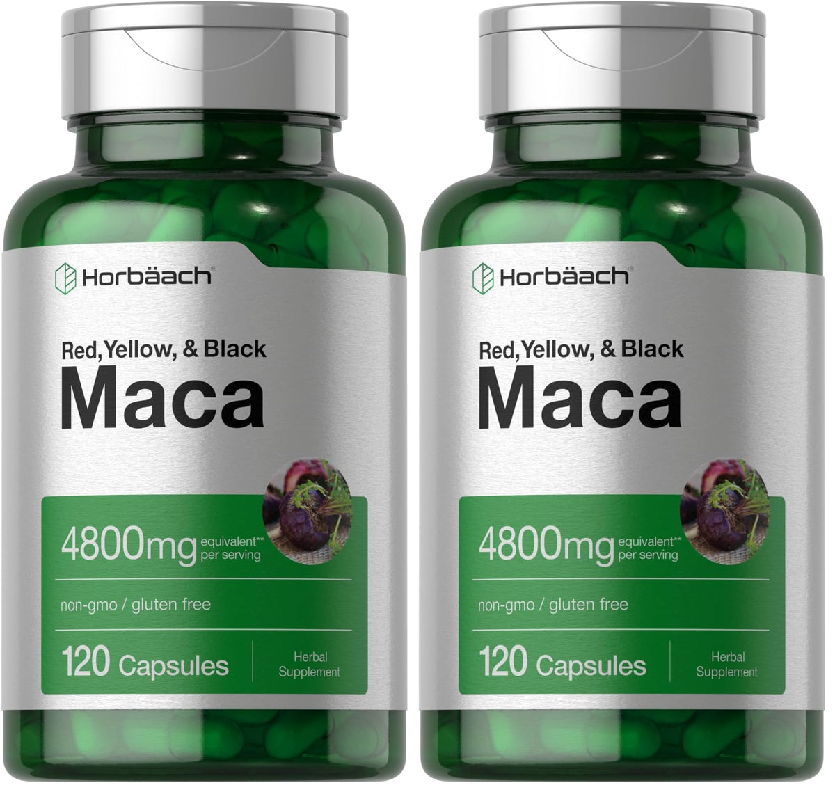 Horbäach Maca Root Capsules bottle shows high-potency gluten-free formula.