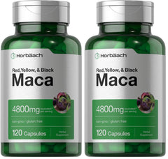 Horbäach Maca Root Capsules bottle shows high-potency gluten-free formula.