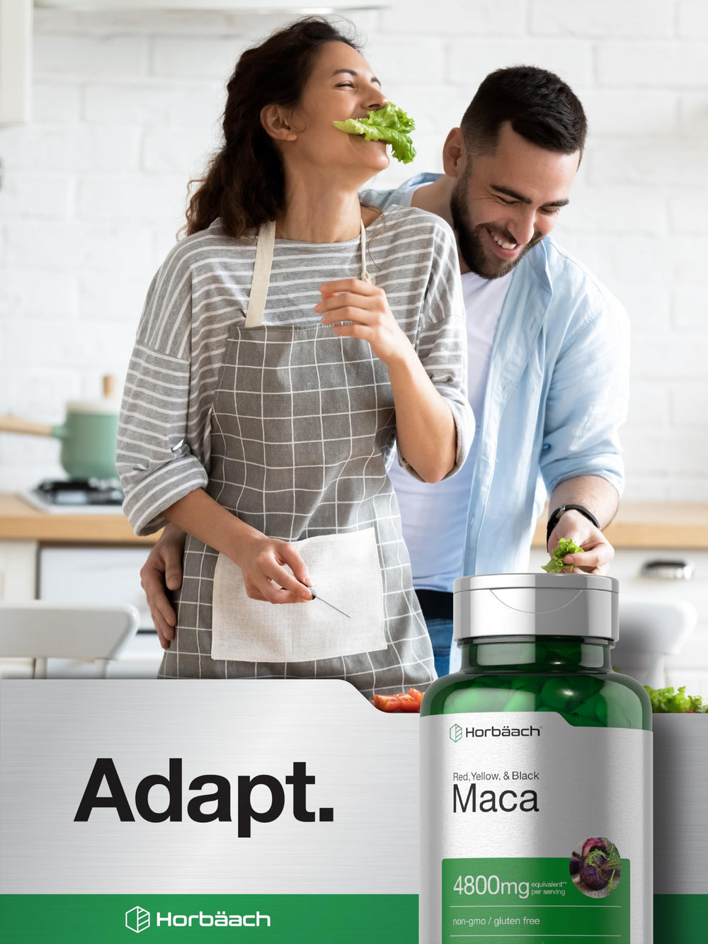 Horbäach Maca Root Capsules dietary label details gluten-free non-GMO.