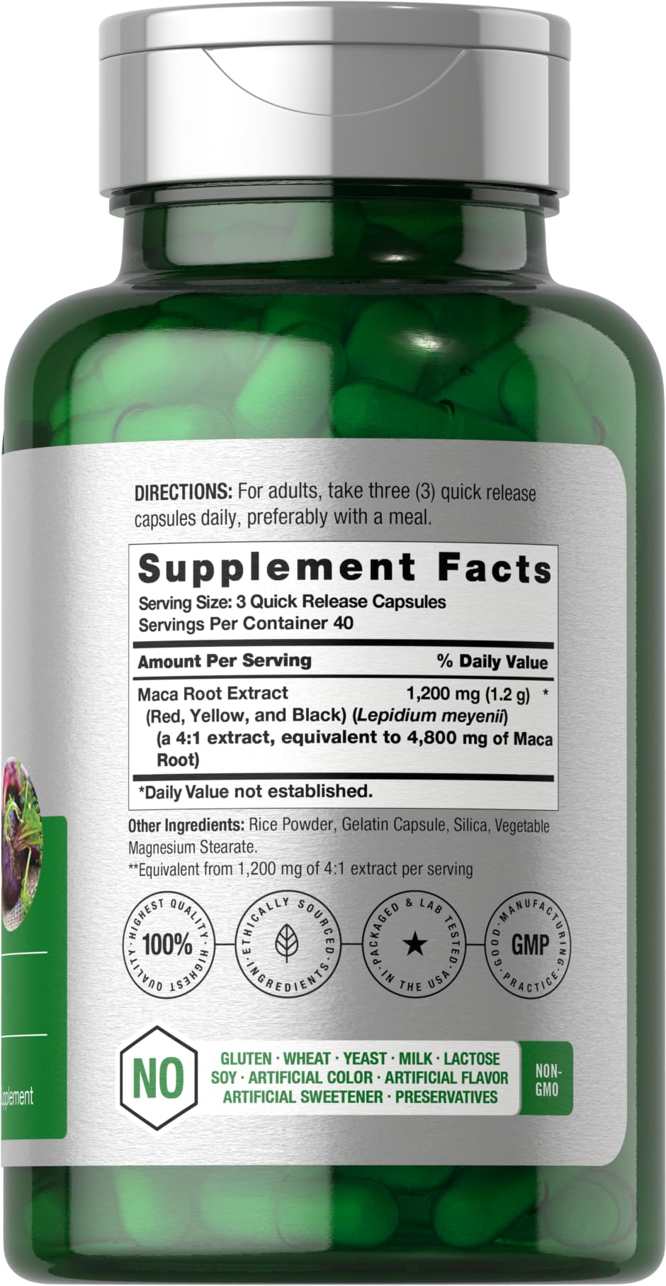 Horbäach Maca Root Capsules label highlights non-GMO ingredients.