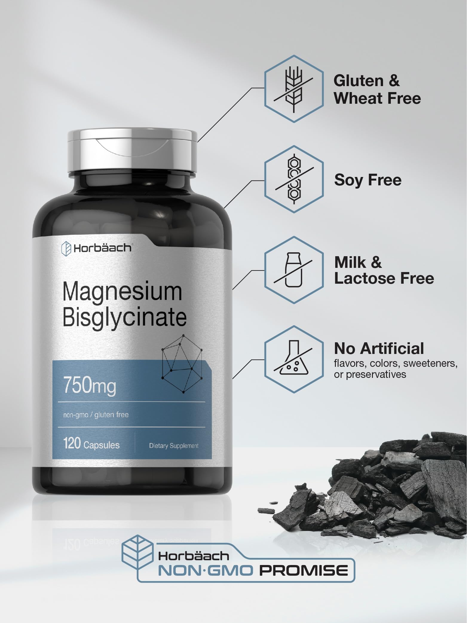 Capsule dispense scene of Horbäach Magnesium Bisglycinate packaging for simple dosing