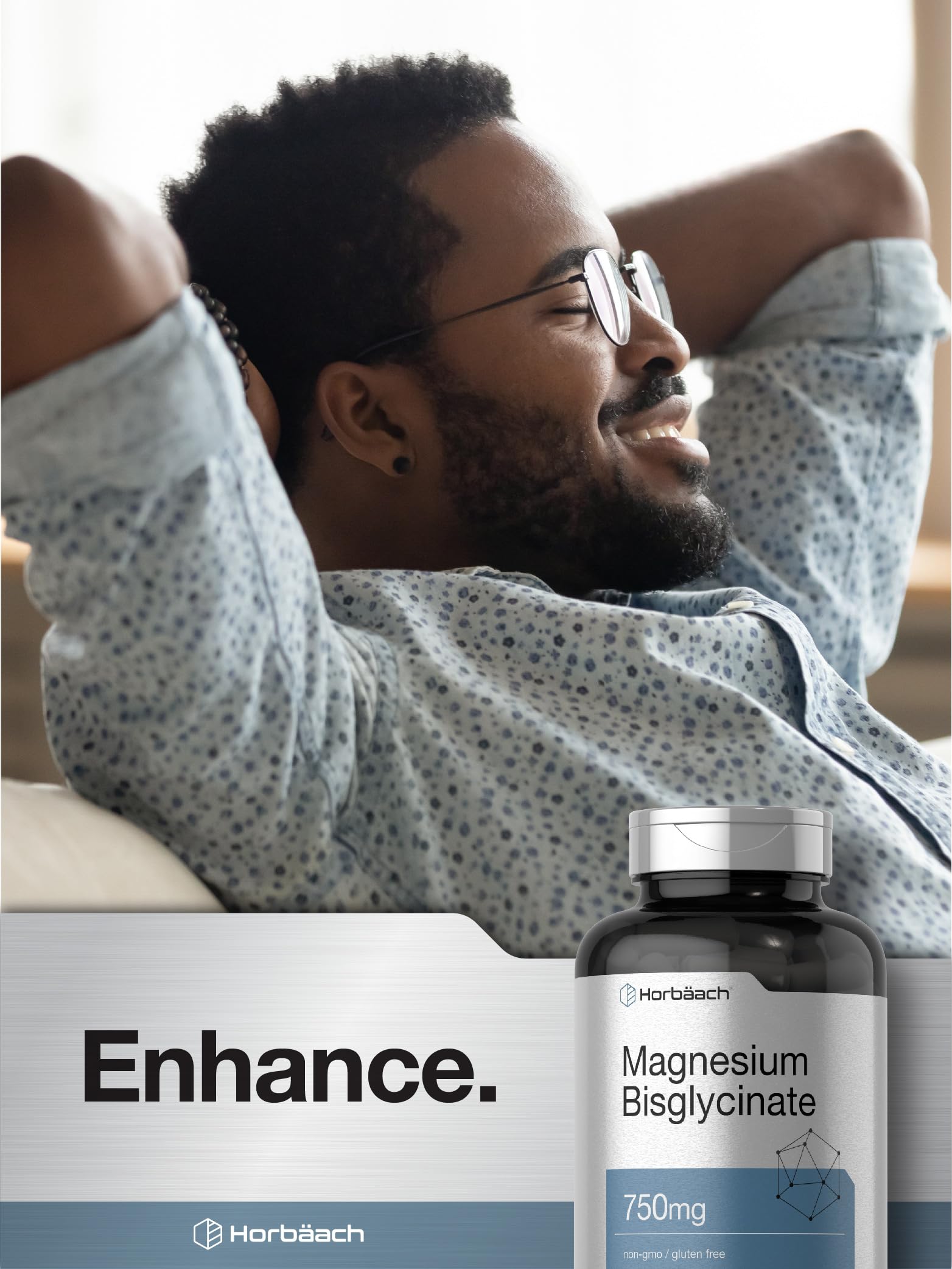 Box highlights gluten-free and non-GMO attributes of Horbäach Magnesium Bisglycinate