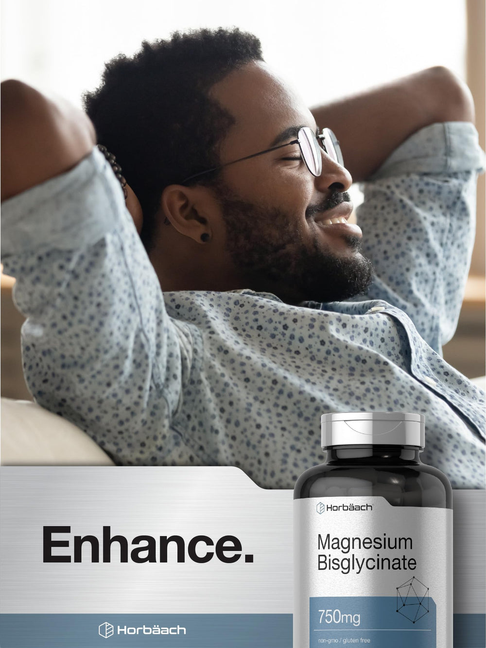 Box highlights gluten-free and non-GMO attributes of Horbäach Magnesium Bisglycinate