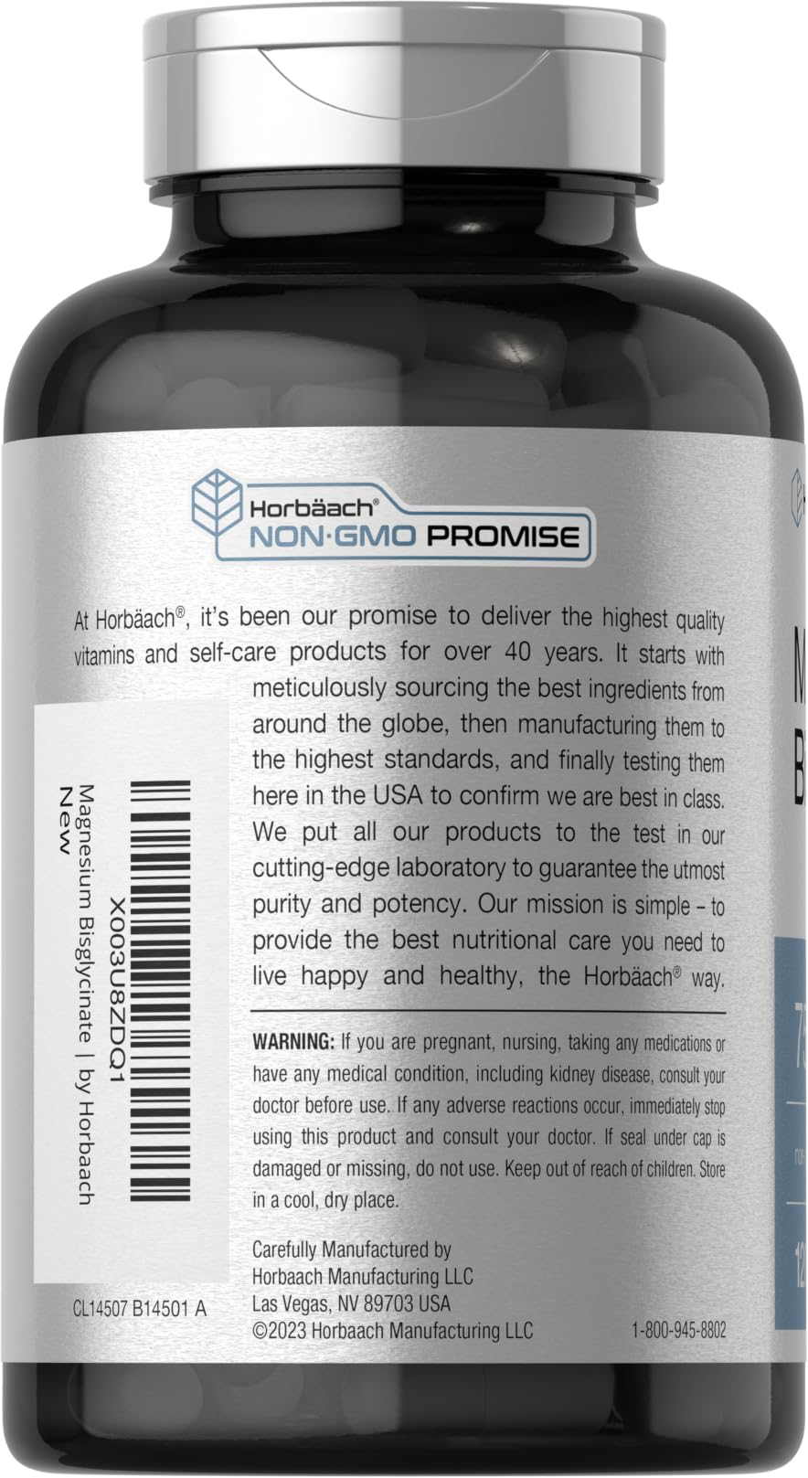 Front label of Horbäach Magnesium Bisglycinate showing non-GMO and gluten-free